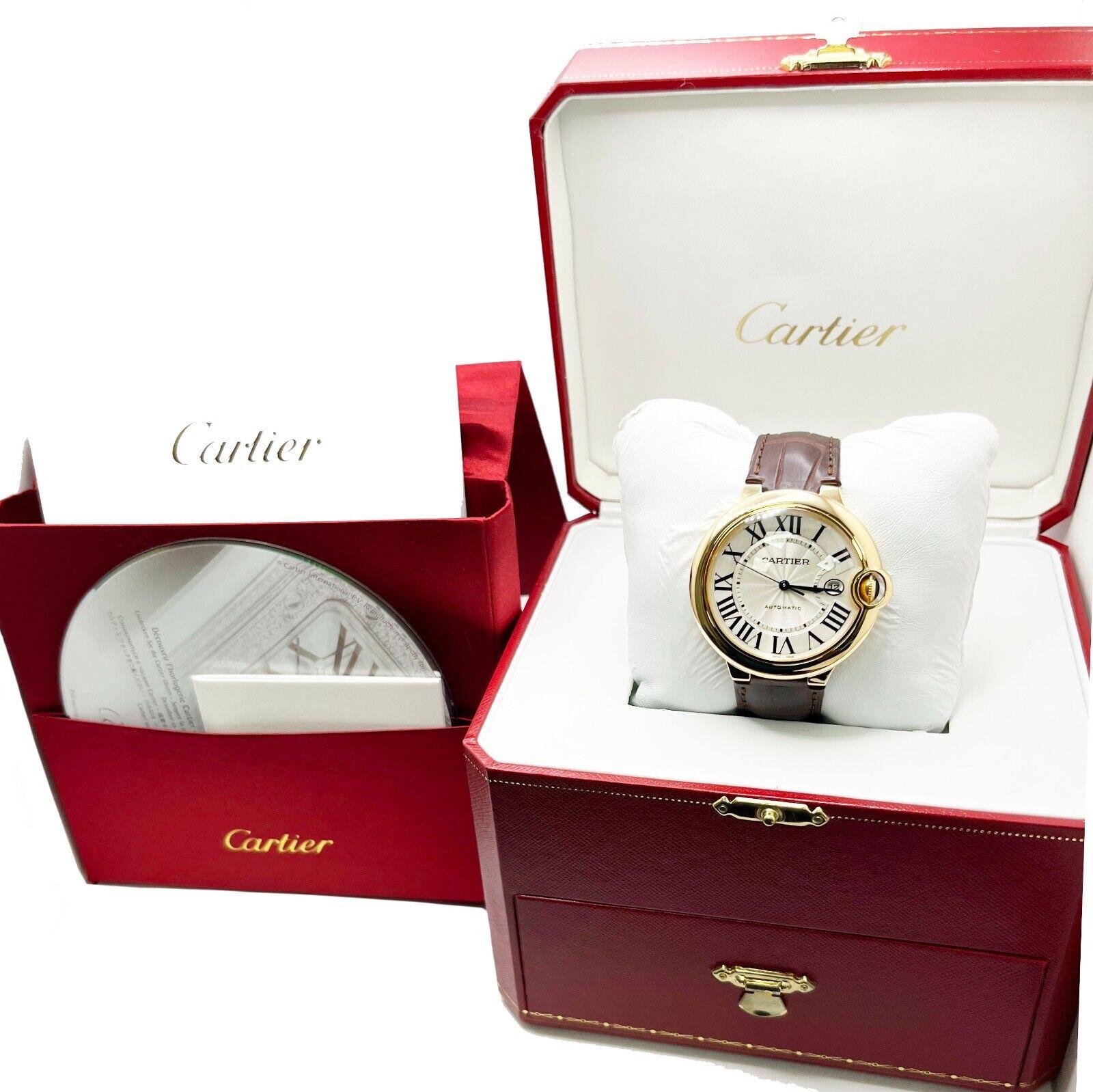 Cartier Ballon Bleu Ref 2998 42mm 18K Yellow Gold Brown Leather Band Box Paper In Excellent Condition For Sale In San Diego, CA