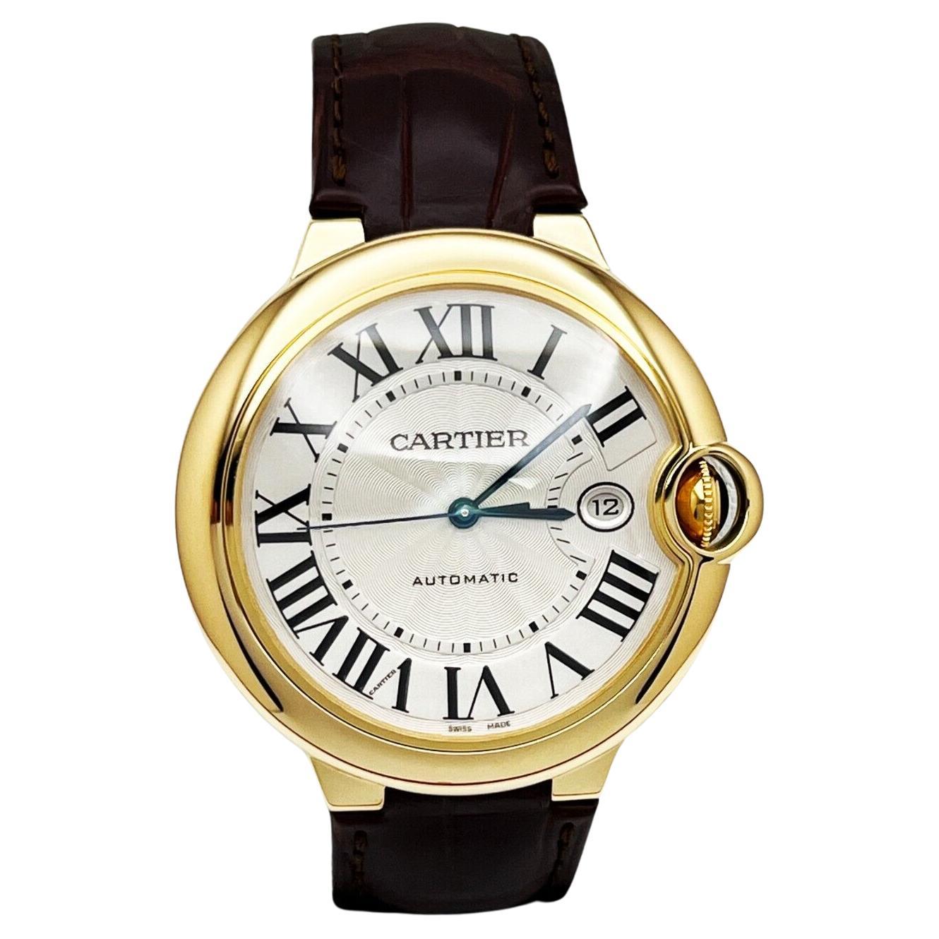 Cartier Ballon Bleu Ref 2998 42mm 18K Yellow Gold Brown Leather Band Box Paper For Sale