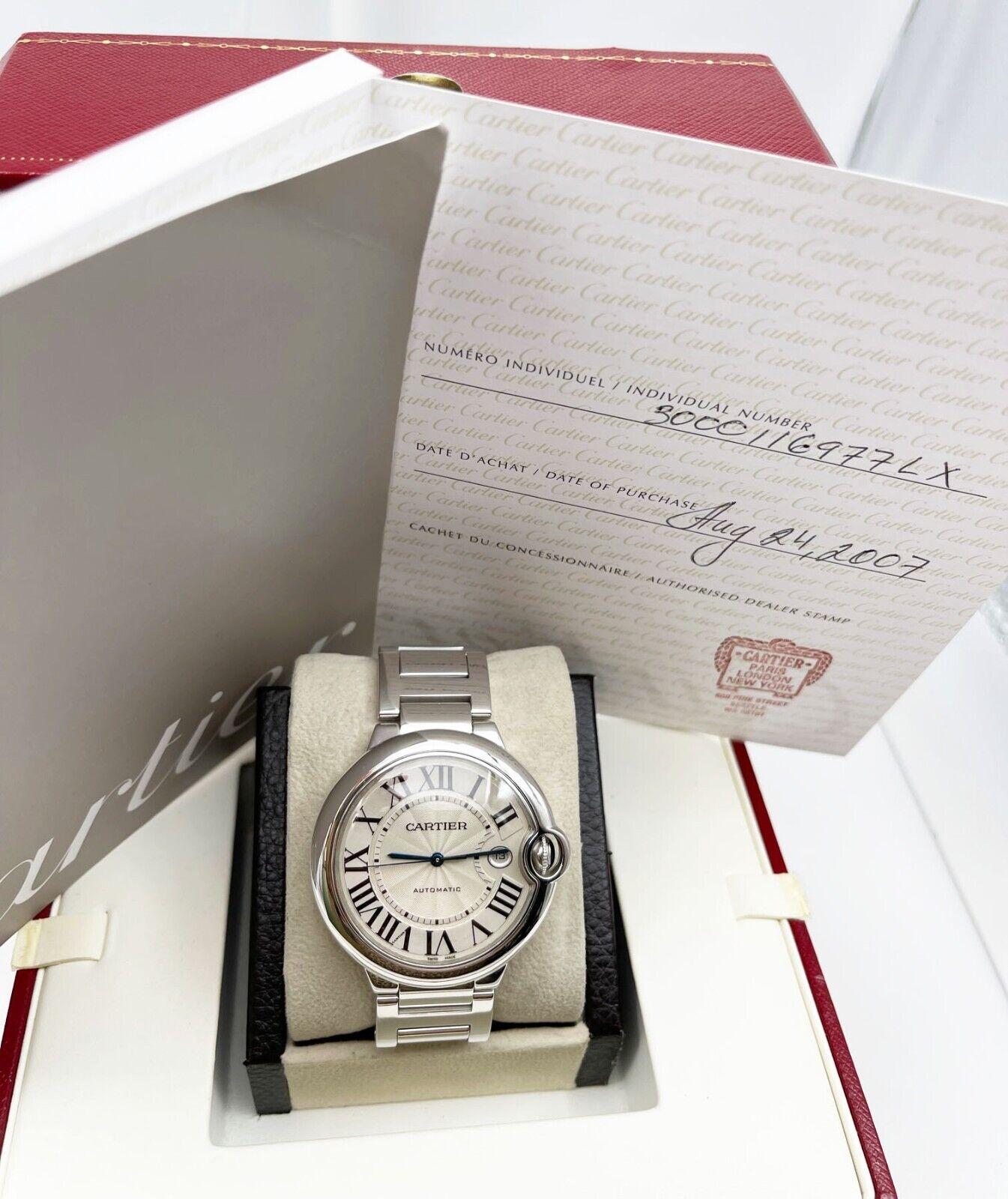 Reference Number: 3000

 

Year: 2007

 

Model: Ballon Bleu De Cartier

 

Case Material: 18K White Gold

 

Band: 18K White Gold

 

Bezel:  18K White Gold

 

Dial: Silver

 

Face: Sapphire Crystal 

 

Case Size: 42mm

 

Includes: 

-Cartier