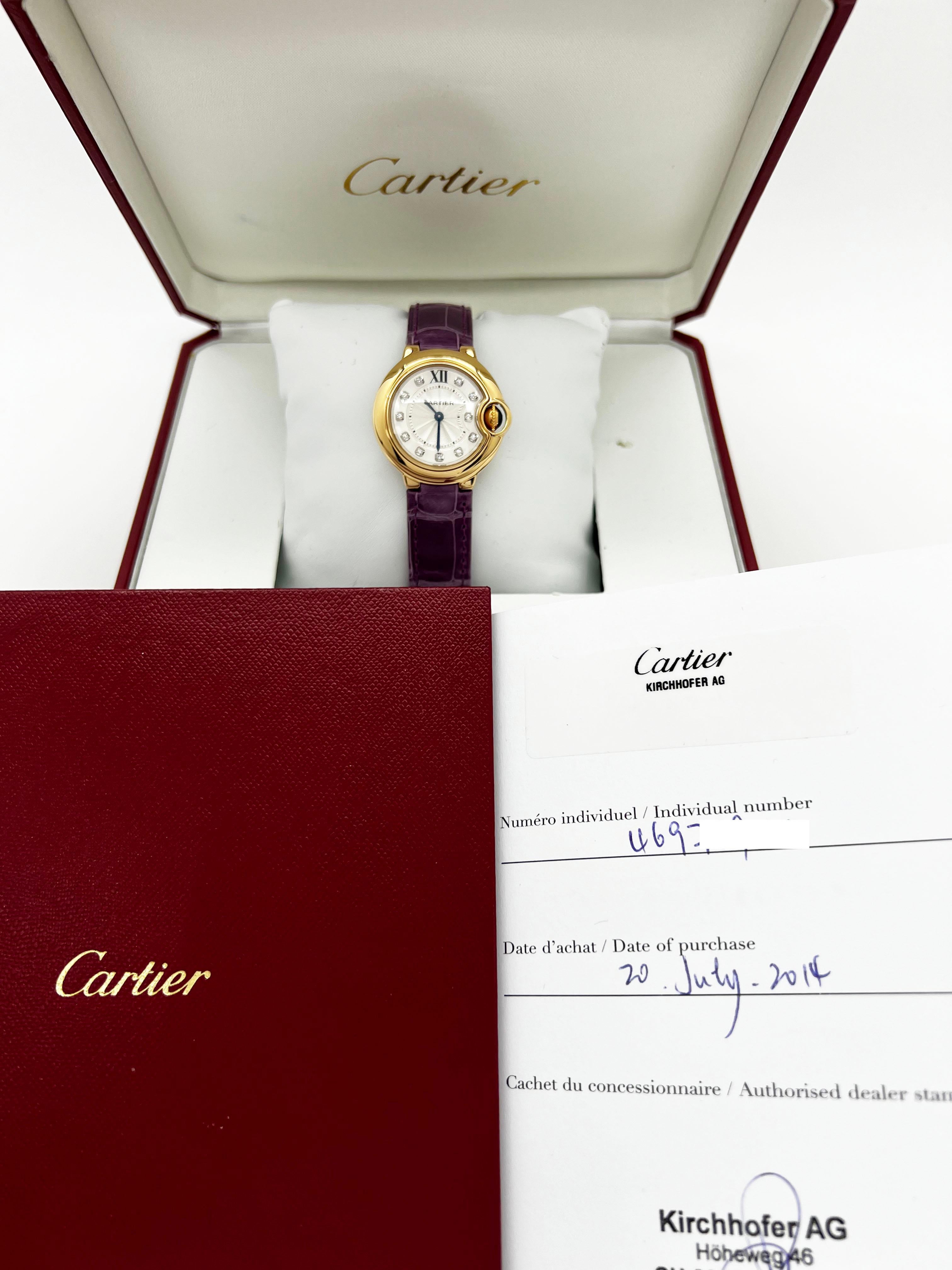 Style Number: Ref 3007


Year: 2014

 

Model: Ballon Bleu 

 

Case Material: 18K Rose Gold

 

Band: Purple Leather Strap 

 

Bezel:  18K Rose Gold

 

Dial: Diamond Dial 

 

Face: Sapphire Crystal 

 

Case Size: 28mm 

 

Includes: 

-Cartier