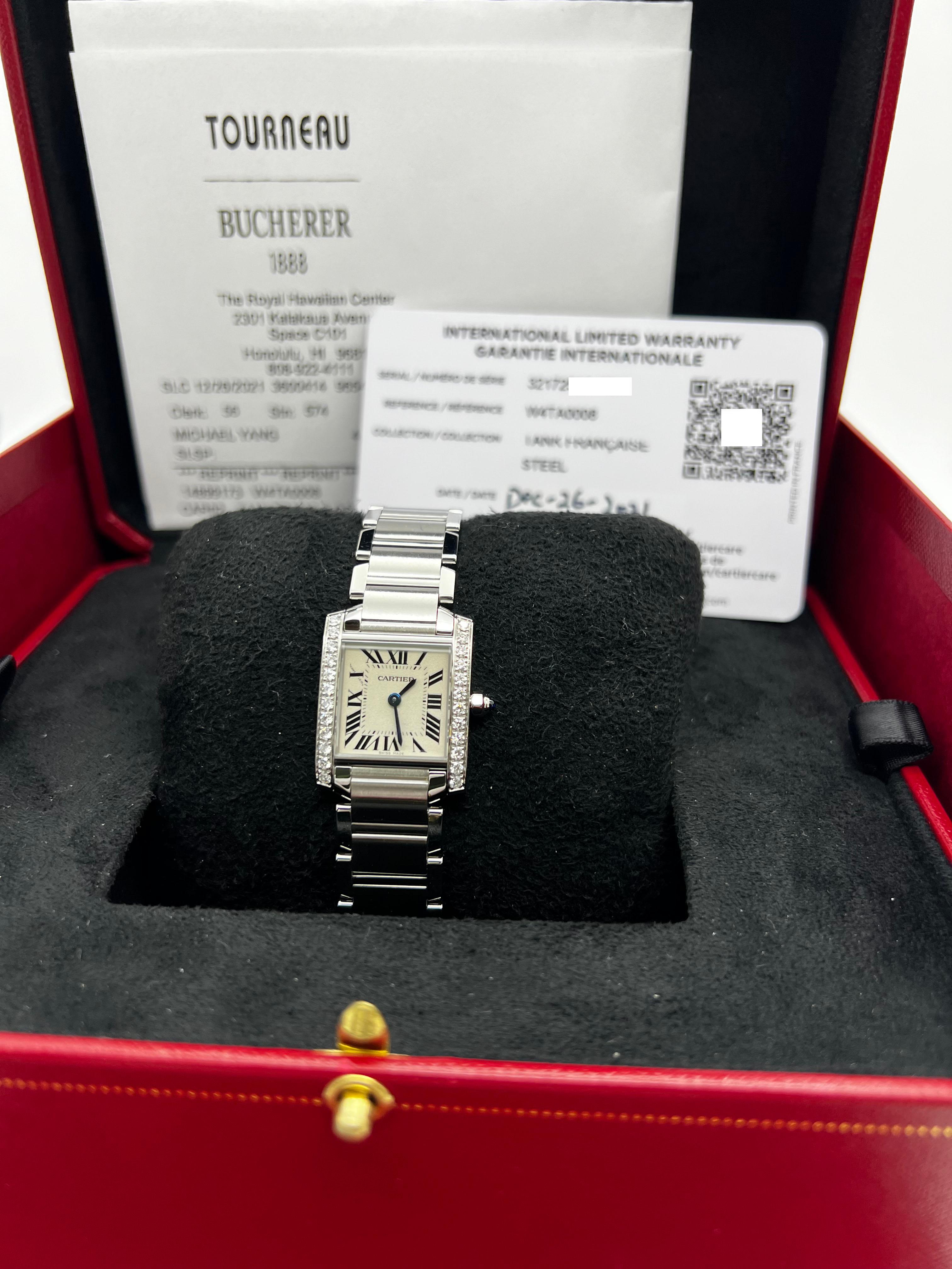Style Number: 3217 / W4TA0008
Year: 2021
Model: Tank Francaise 
Case Material: Stainless Steel 
Band: Stainless Steel 
Bezel: Factory Cartier Diamond Bezel 
Dial: Silver 
Face: Sapphire Crystal 
Case Size: 20mm x 25mm
Includes: 
-Cartier Box &