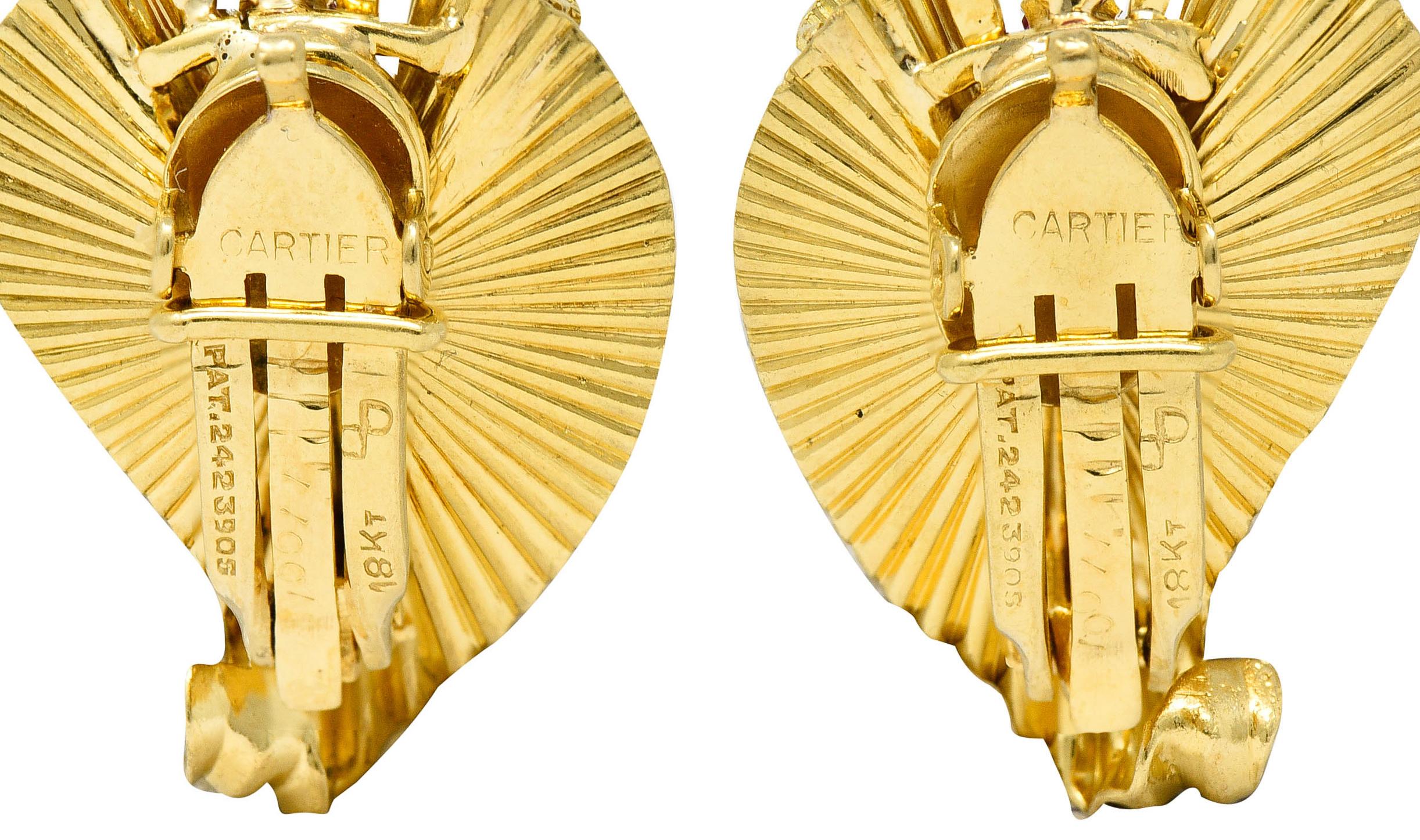 Round Cut Cartier Retro 0.50 Carat Ruby 18 Karat Gold Scrolled Foliate Ear-Clip Earrings