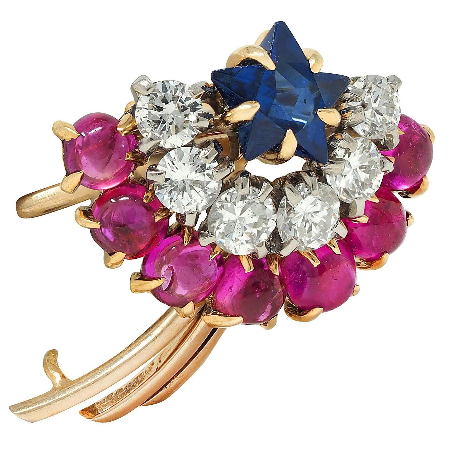 Cartier Retro 14K Gelbgold Diamant Rubin Saphir Vintage Shooting Star Brosche (Gemischter Schliff) im Angebot