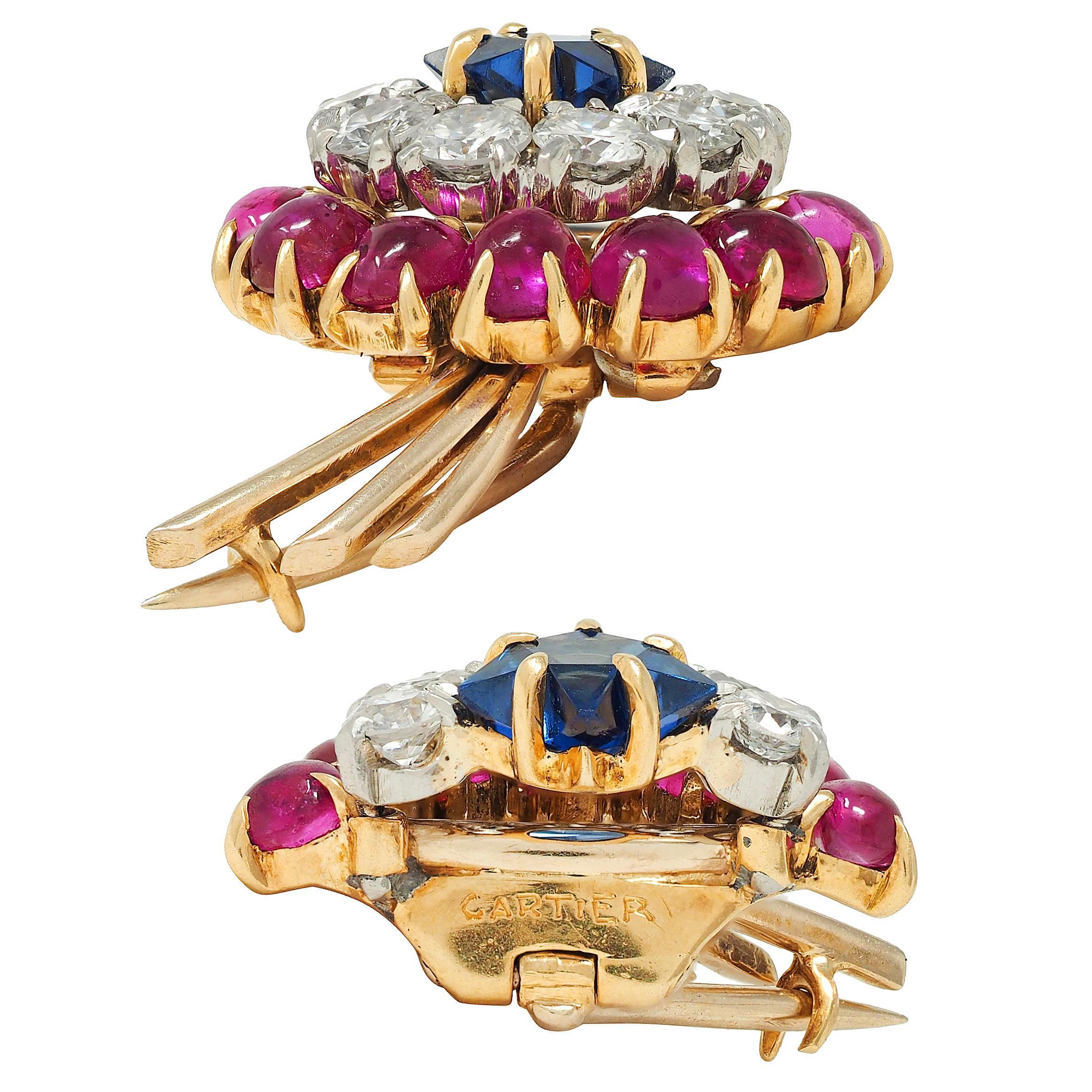 Cartier Retro 14K Gelbgold Diamant Rubin Saphir Vintage Shooting Star Brosche im Angebot 2