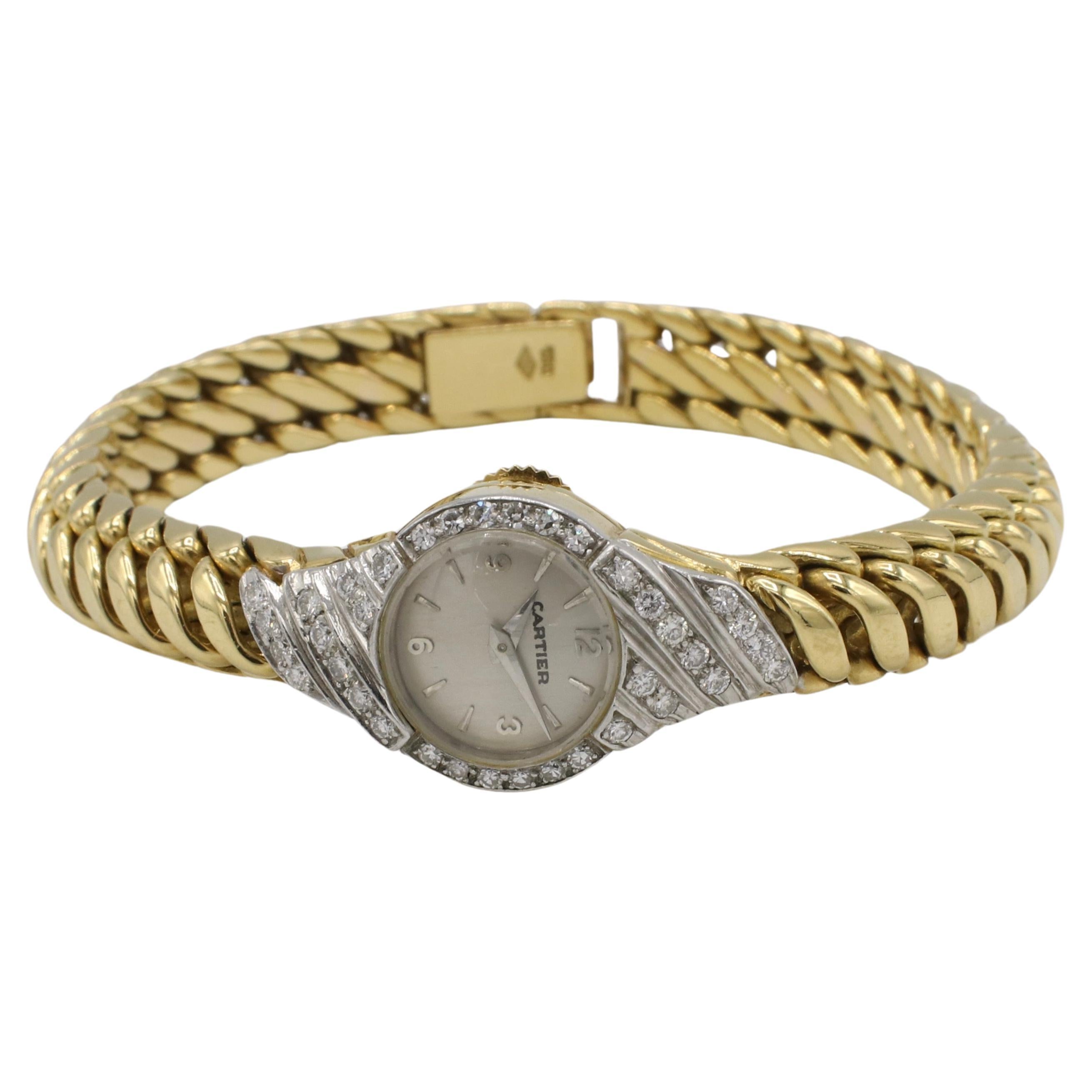 Cartier Retro 18 Karat Yellow Gold & Diamond Ladies Dress Watch 
Metal: 18k yellow gold & platinum 
Weight: 57.3 grams
Diamonds: Approx. 0.36 carats G-H VS round natural diamonds
Case: 16mm
Bracelet width: 8mm
Wrist size: 6.5 inches