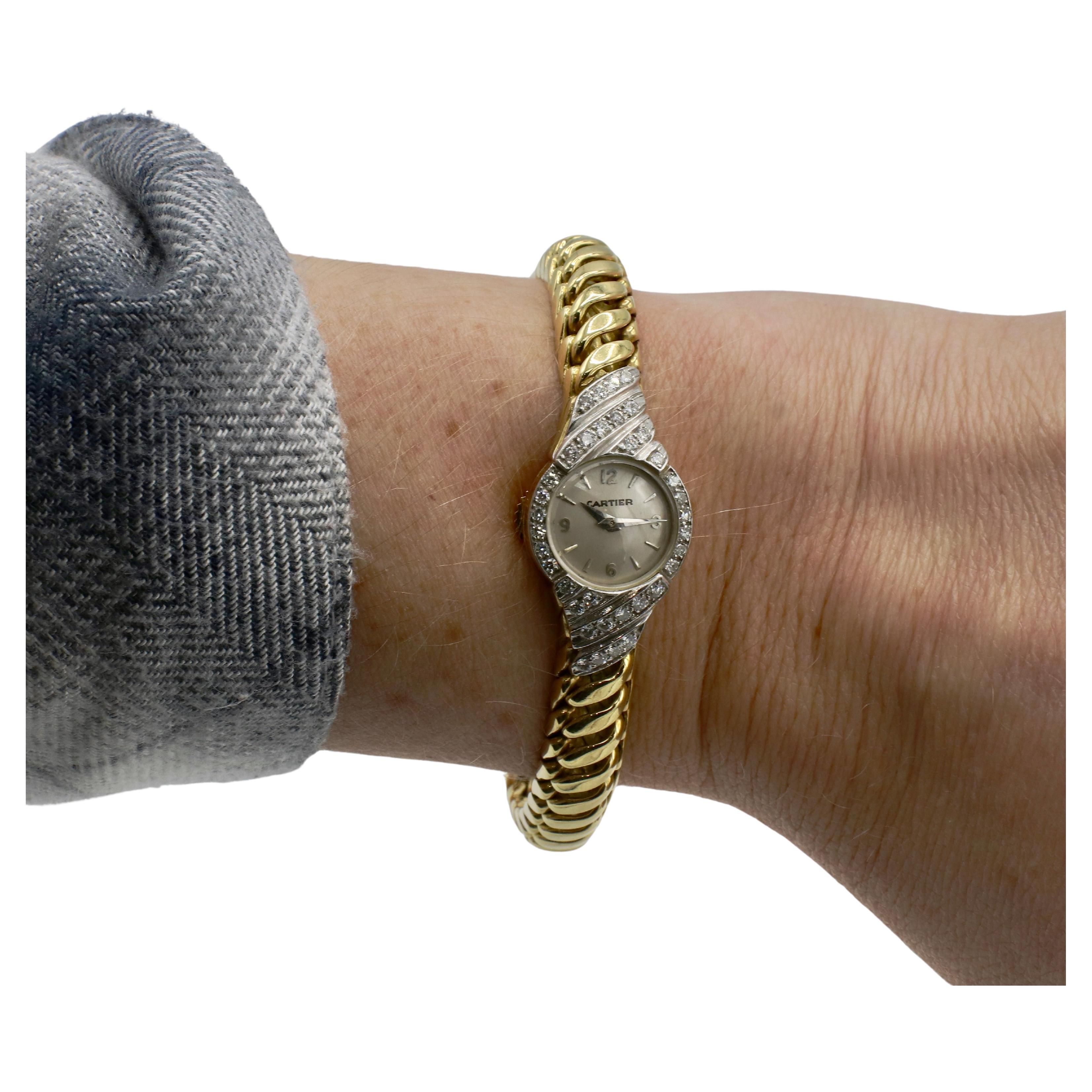 Cartier Retro 18 Karat Yellow Gold & Diamond Ladies Dress Bracelet Watch  2