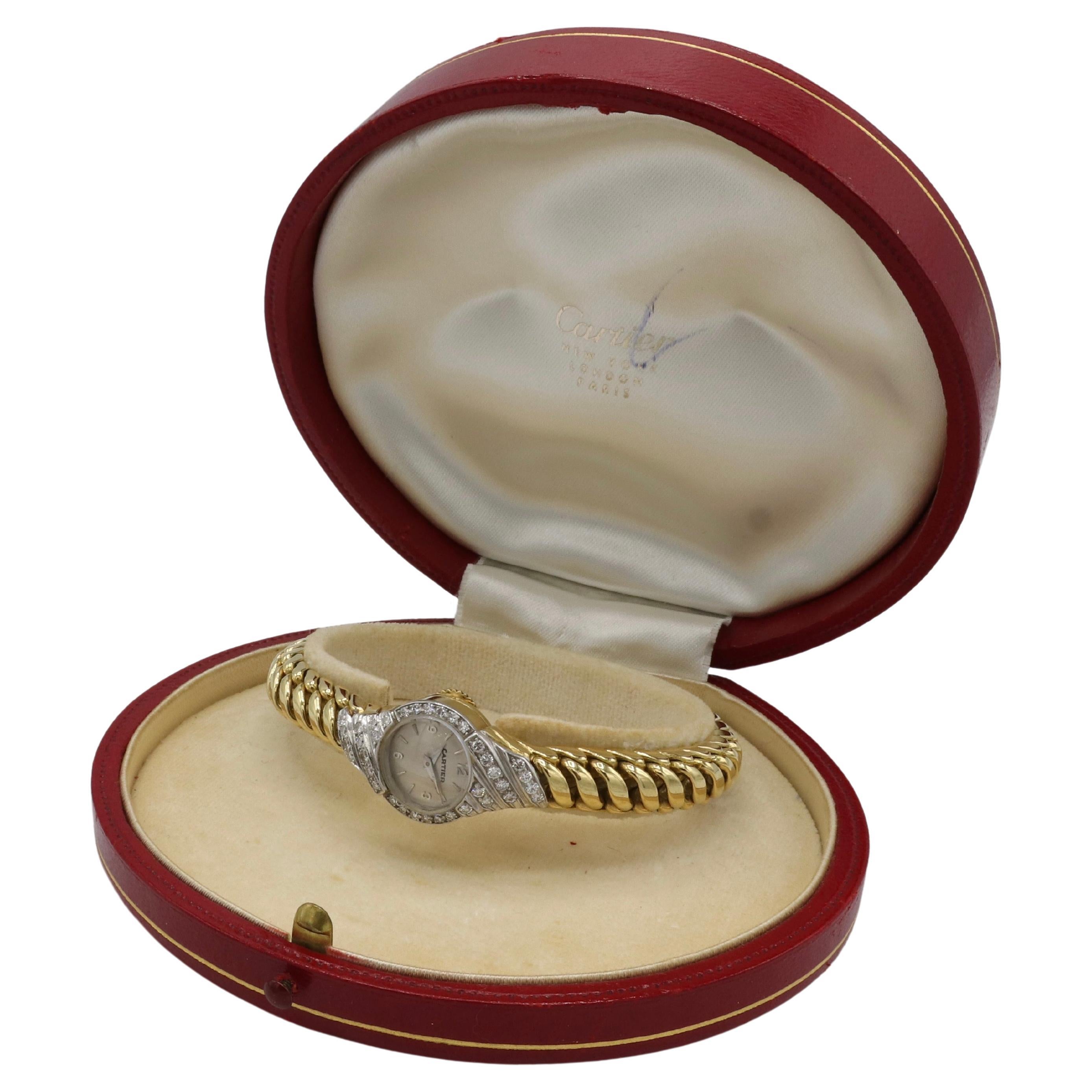 Cartier Retro 18 Karat Yellow Gold & Diamond Ladies Dress Bracelet Watch 