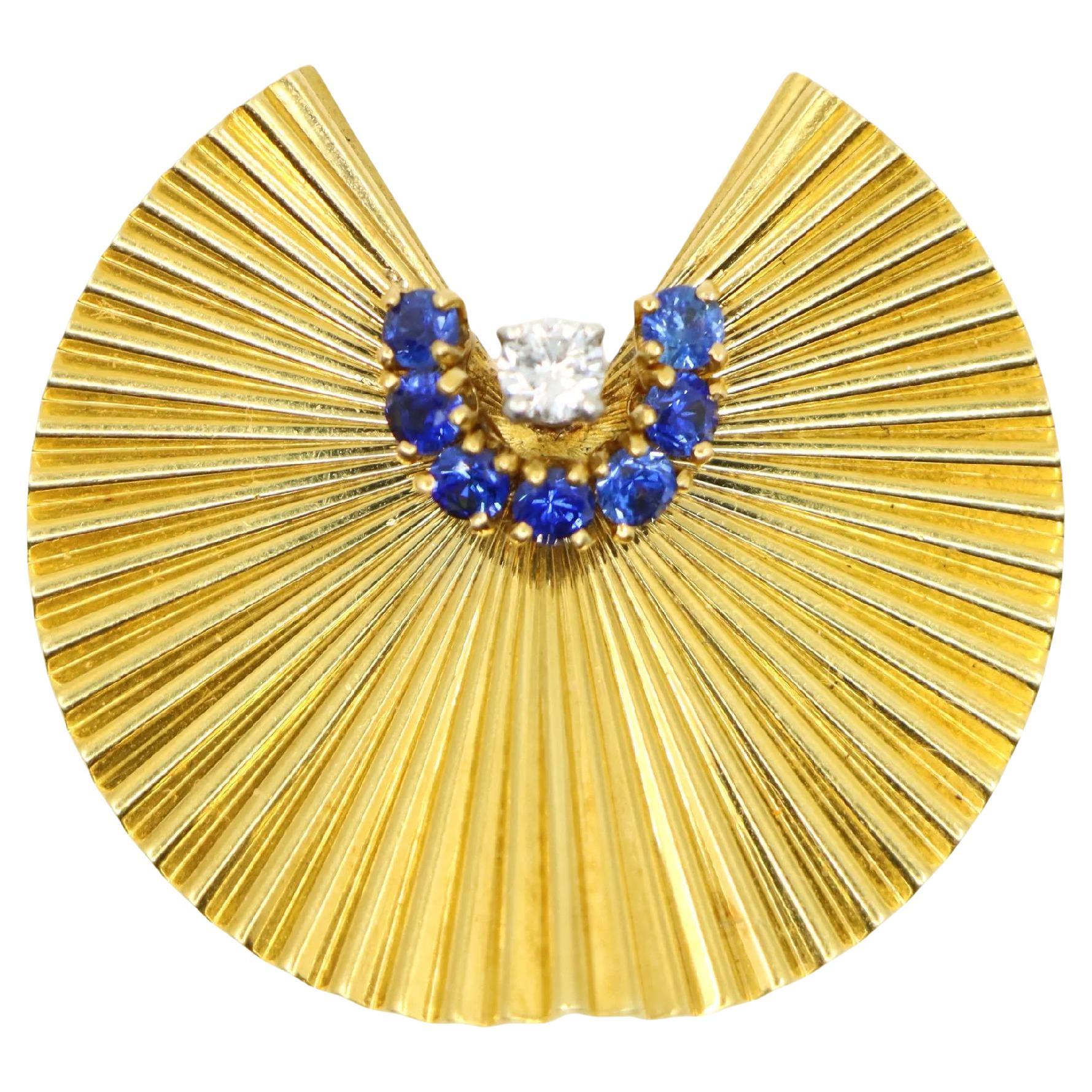 Cartier Retro 18K Gold Sapphire Diamond Brooch For Sale
