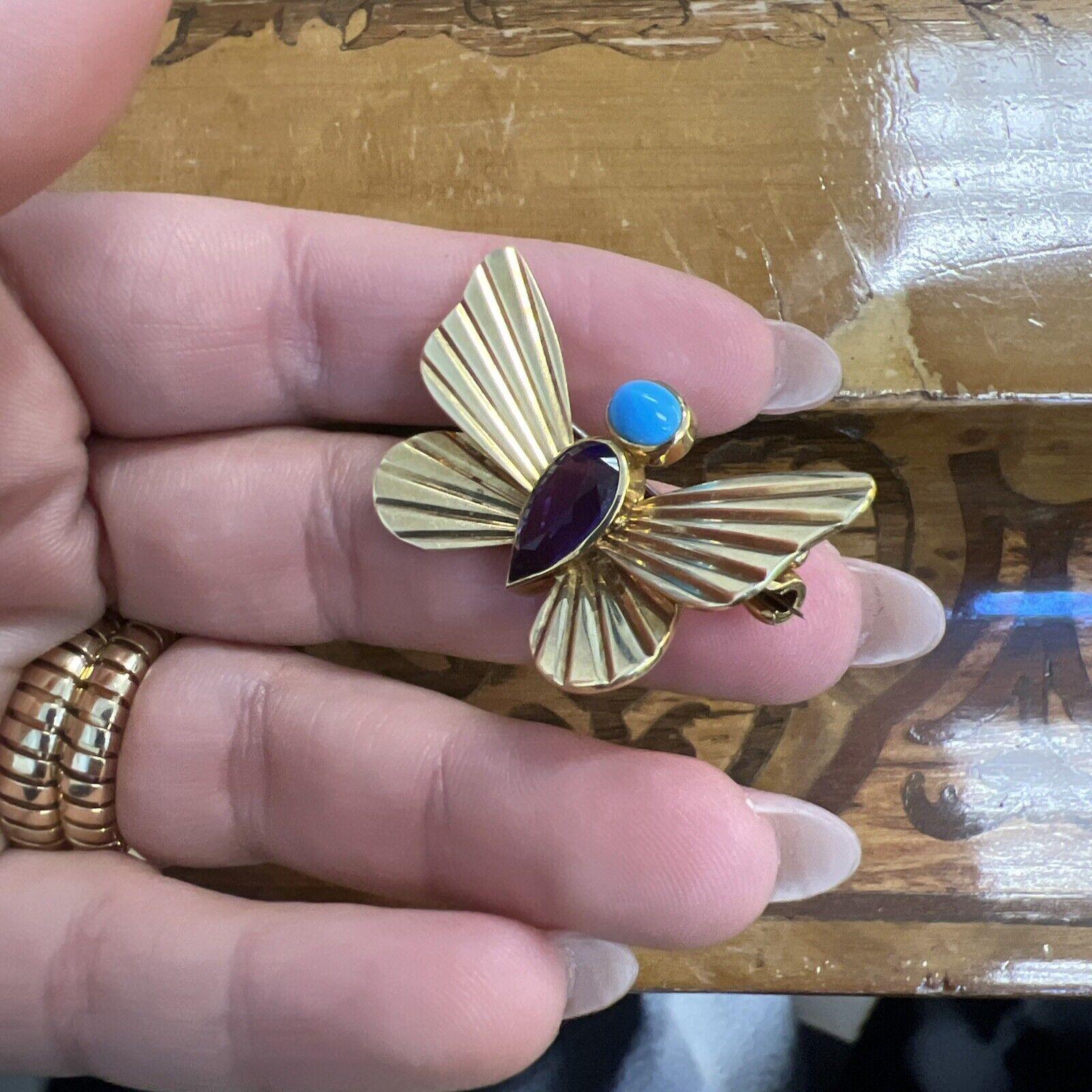 CARTIER Retro Schmetterlingsnadel aus 18 Karat Gelbgold, Amethyst und Türkis 1940er Jahre im Angebot 2