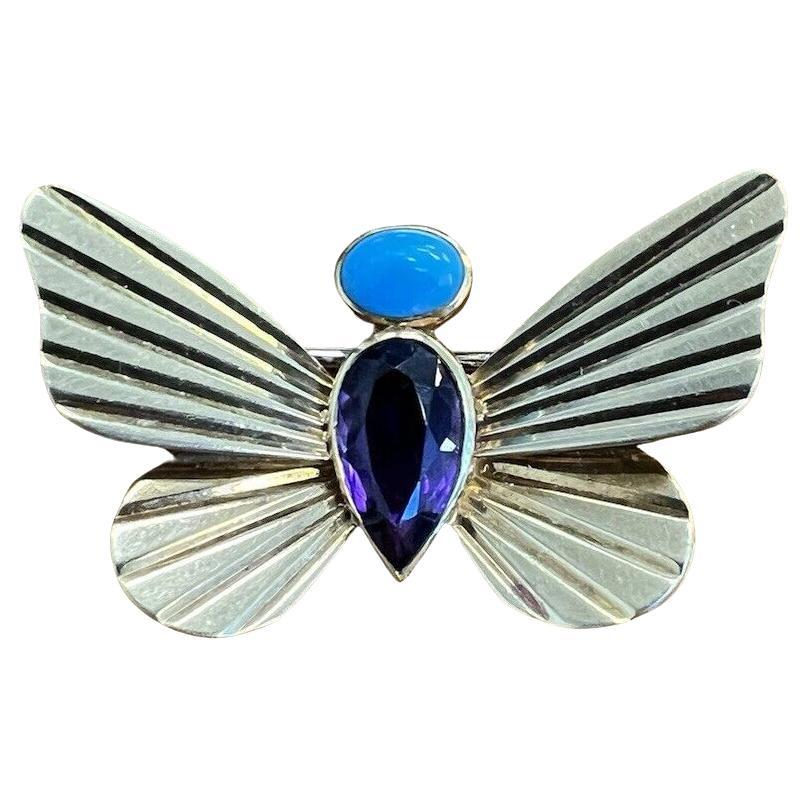 CARTIER Retro 18k Yellow Gold, Amethyst & Turquoise Butterfly Pin 1940s