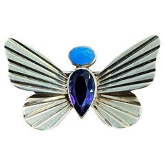 CARTIER Retro 18k Yellow Gold, Amethyst & Turquoise Butterfly Pin 1940s