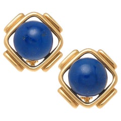 Cartier Retro 18k Yellow Gold & Lapis Button Clip on Earrings circa 1950s Rare