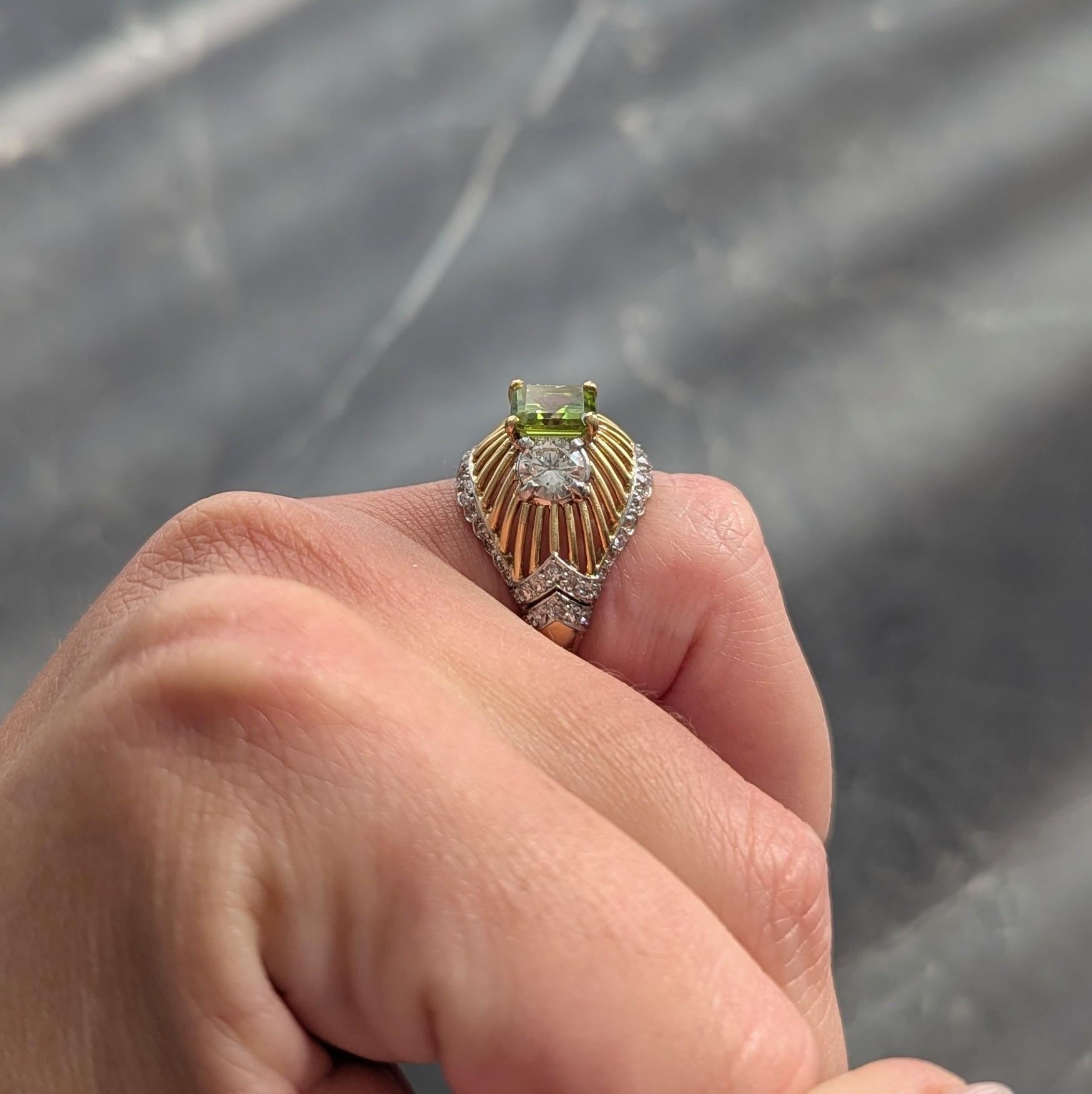 Cartier Retro 5.30 CTW Peridot Diamond Platinum 18K Gold Vintage Domed Ring For Sale 6