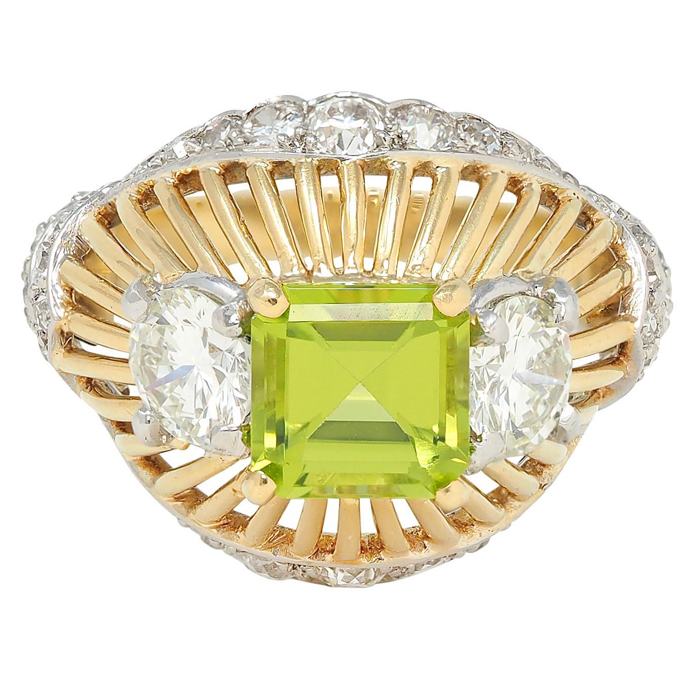 Emerald Cut Cartier Retro 5.30 CTW Peridot Diamond Platinum 18K Gold Vintage Domed Ring For Sale