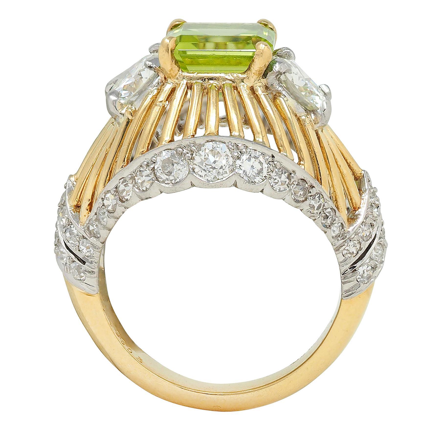 Cartier Retro 5.30 CTW Peridot Diamond Platinum 18K Gold Vintage Domed Ring In Excellent Condition For Sale In Philadelphia, PA