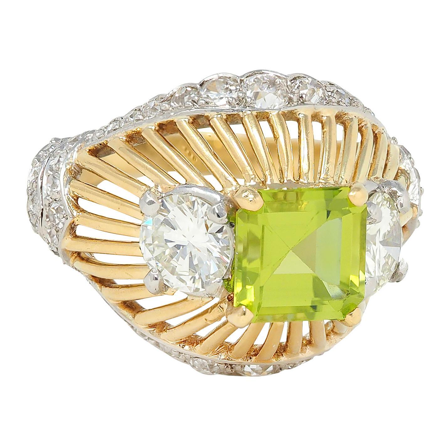 Women's Cartier Retro 5.30 CTW Peridot Diamond Platinum 18K Gold Vintage Domed Ring For Sale