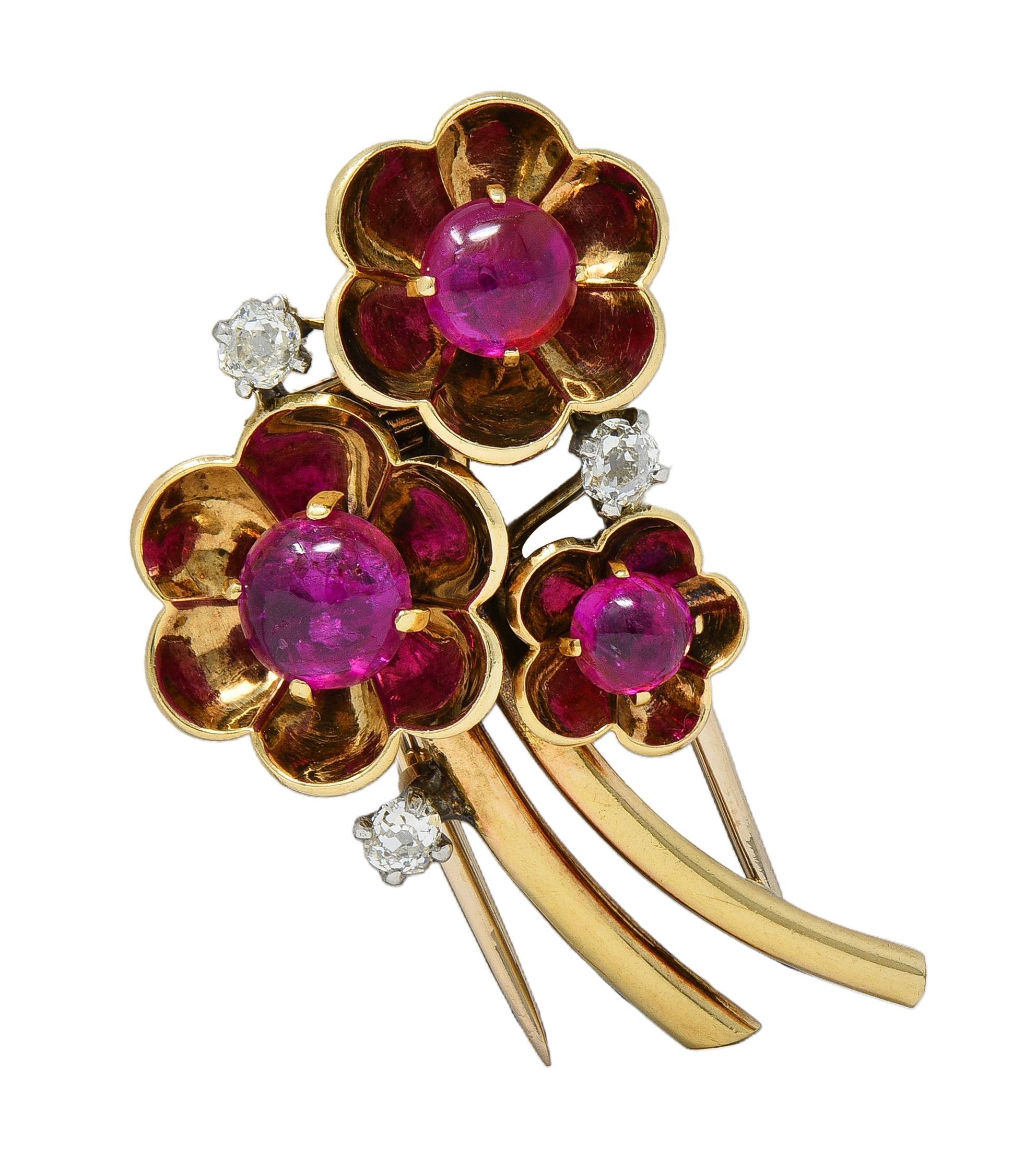 Cartier Retro Cabochon Ruby Diamond Platinum 14 Karat Gold Vintage Flower Brooch For Sale 6
