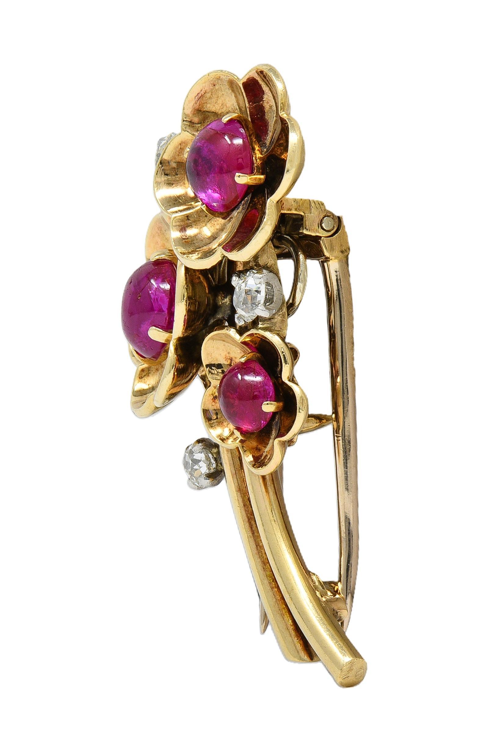 Cartier Retro Cabochon Ruby Diamond Platinum 14 Karat Gold Vintage Flower Brooch In Excellent Condition For Sale In Philadelphia, PA