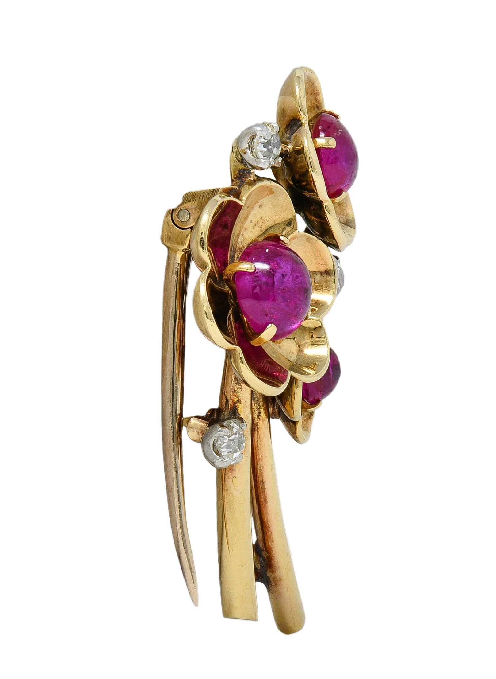 Cartier Retro Cabochon Ruby Diamond Platinum 14 Karat Gold Vintage Flower Brooch For Sale 1