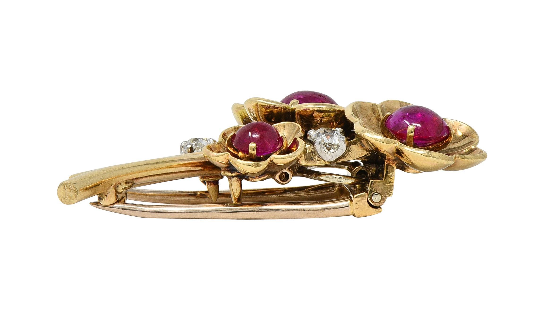 Cartier Retro Cabochon Ruby Diamond Platinum 14 Karat Gold Vintage Flower Brooch For Sale 3