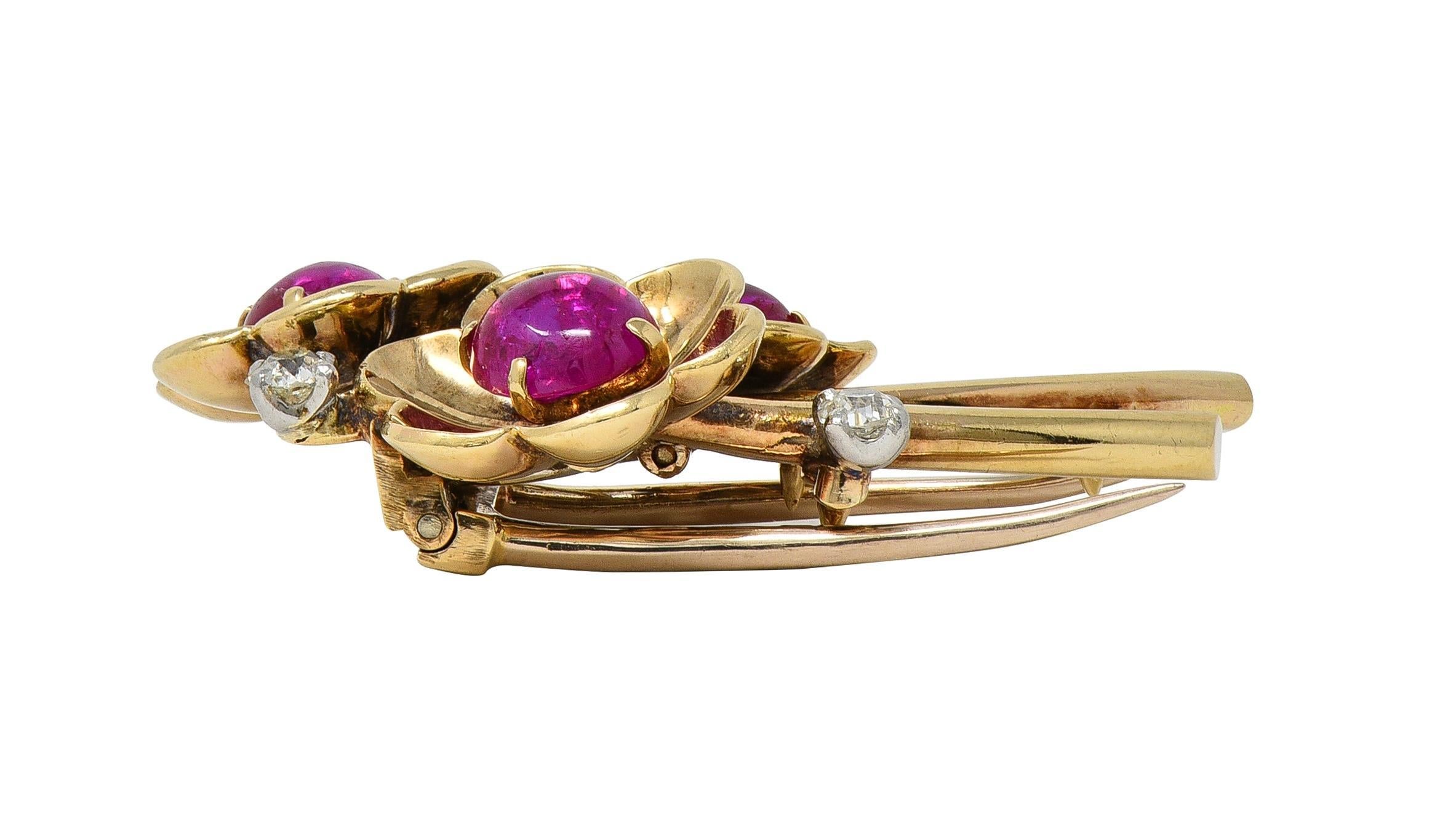 Cartier Retro Cabochon Ruby Diamond Platinum 14 Karat Gold Vintage Flower Brooch For Sale 4