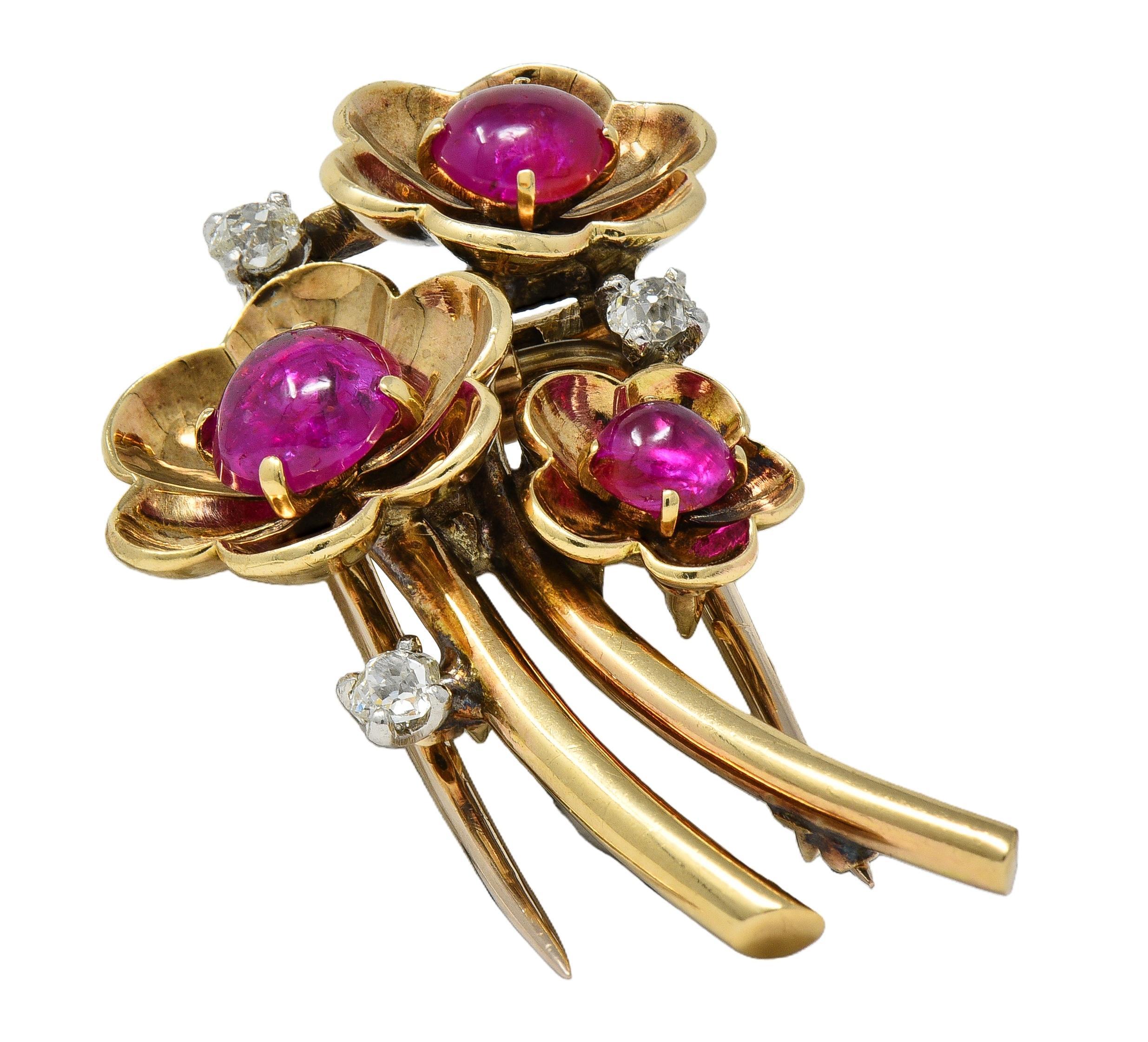 Cartier Retro Cabochon Ruby Diamond Platinum 14 Karat Gold Vintage Flower Brooch For Sale 5