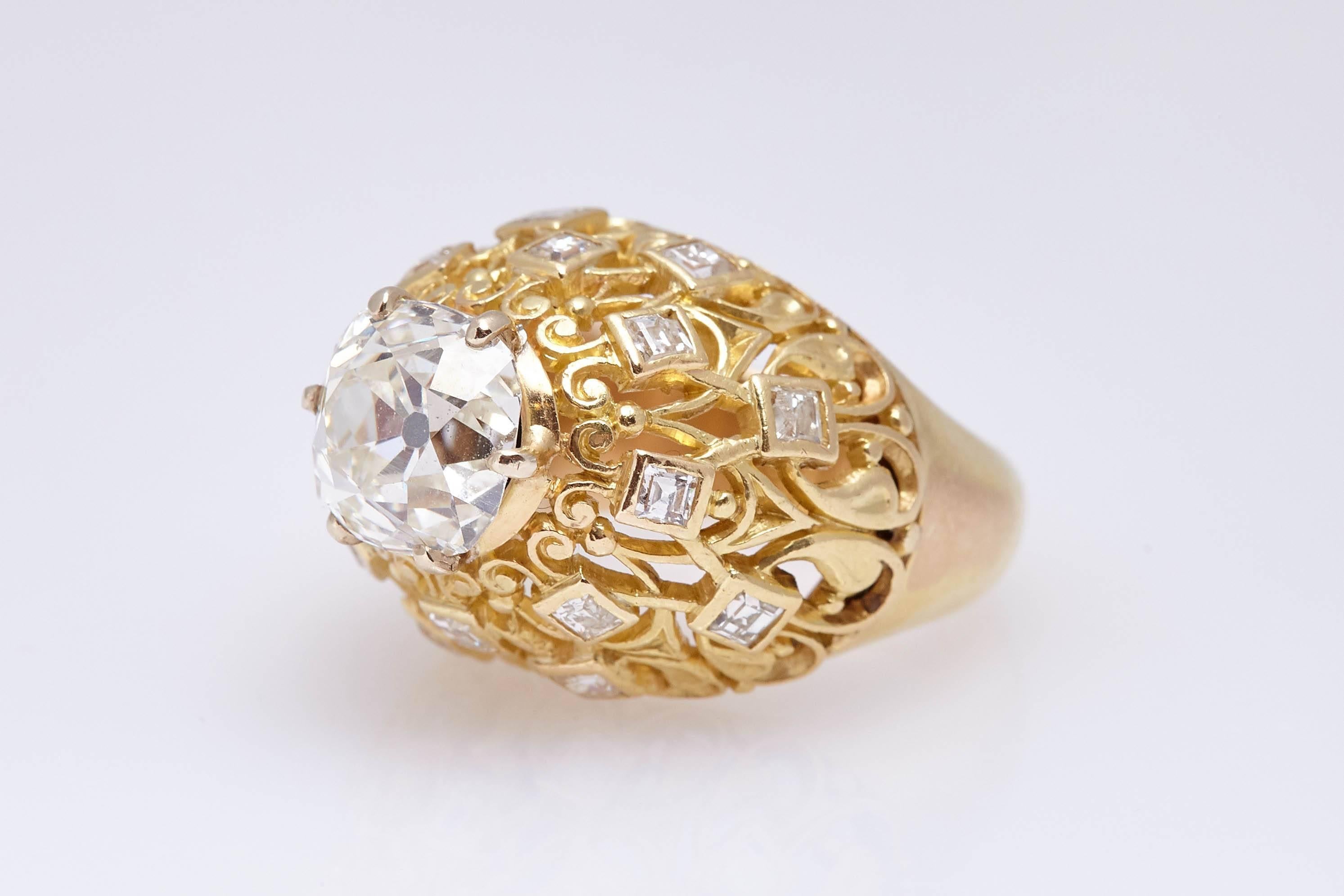 Old Mine Cut Cartier Retro Diamond Gold Ring For Sale