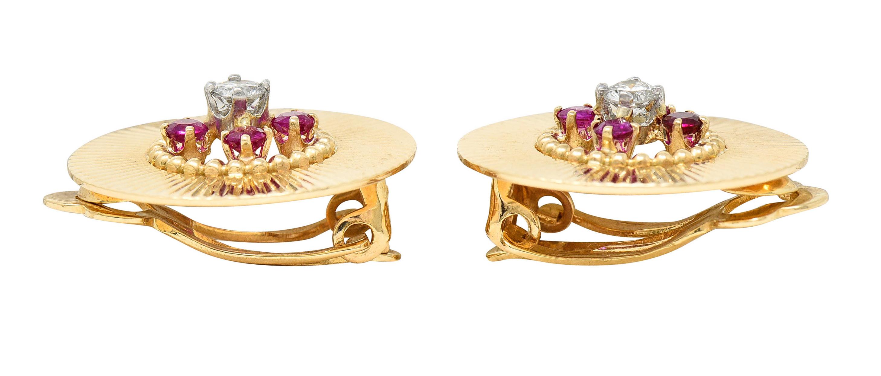 Cartier Retro Diamond Ruby 14 Karat Gold Circular Ear-Clip Earrings 2