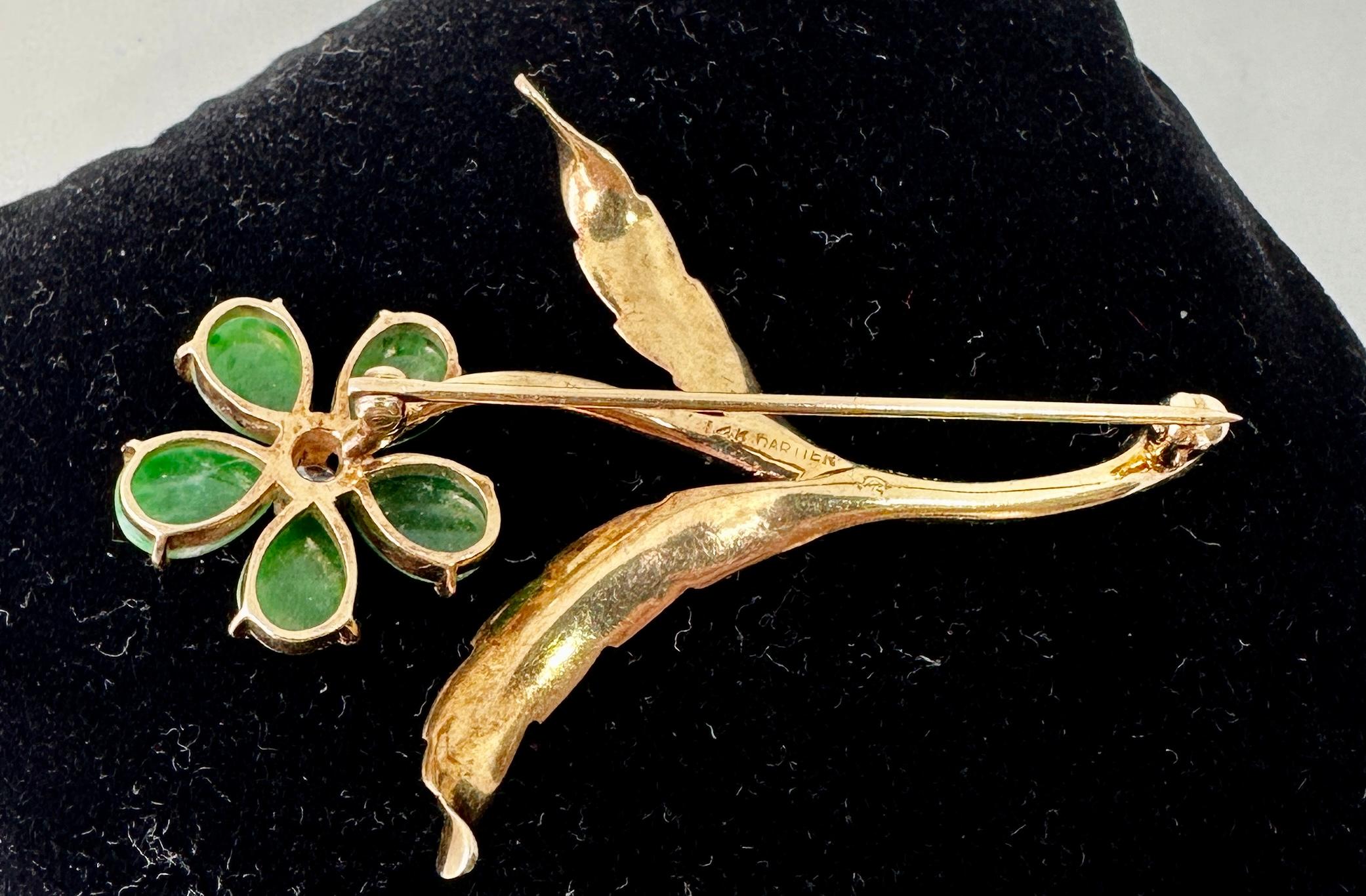 Cartier Retro Jade Diamond Flower Brooch 14 Karat Gold Antique Midcentury For Sale 3