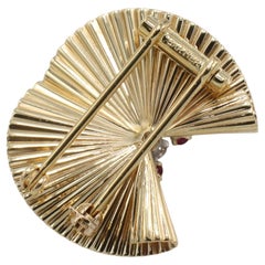 Cartier Retro Mid-Century Yellow Gold Natural Diamond Ruby Fan Ribbon Brooch Pin