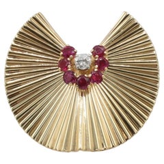 Cartier Retro Mid-Century Yellow Gold Natural Diamond Ruby Fan Ribbon Brooch Pin