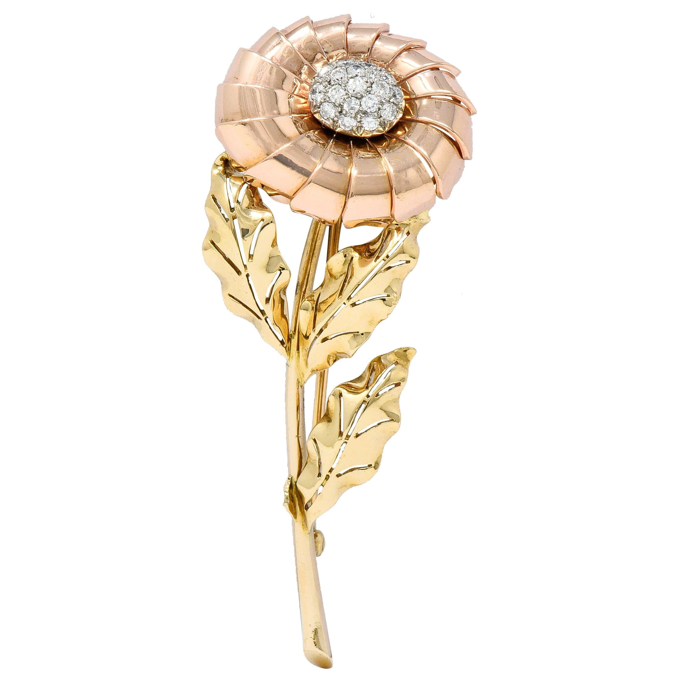 Cartier Retro Pave Diamond 14 Karat Tri-Colored Gold Flower Brooch
