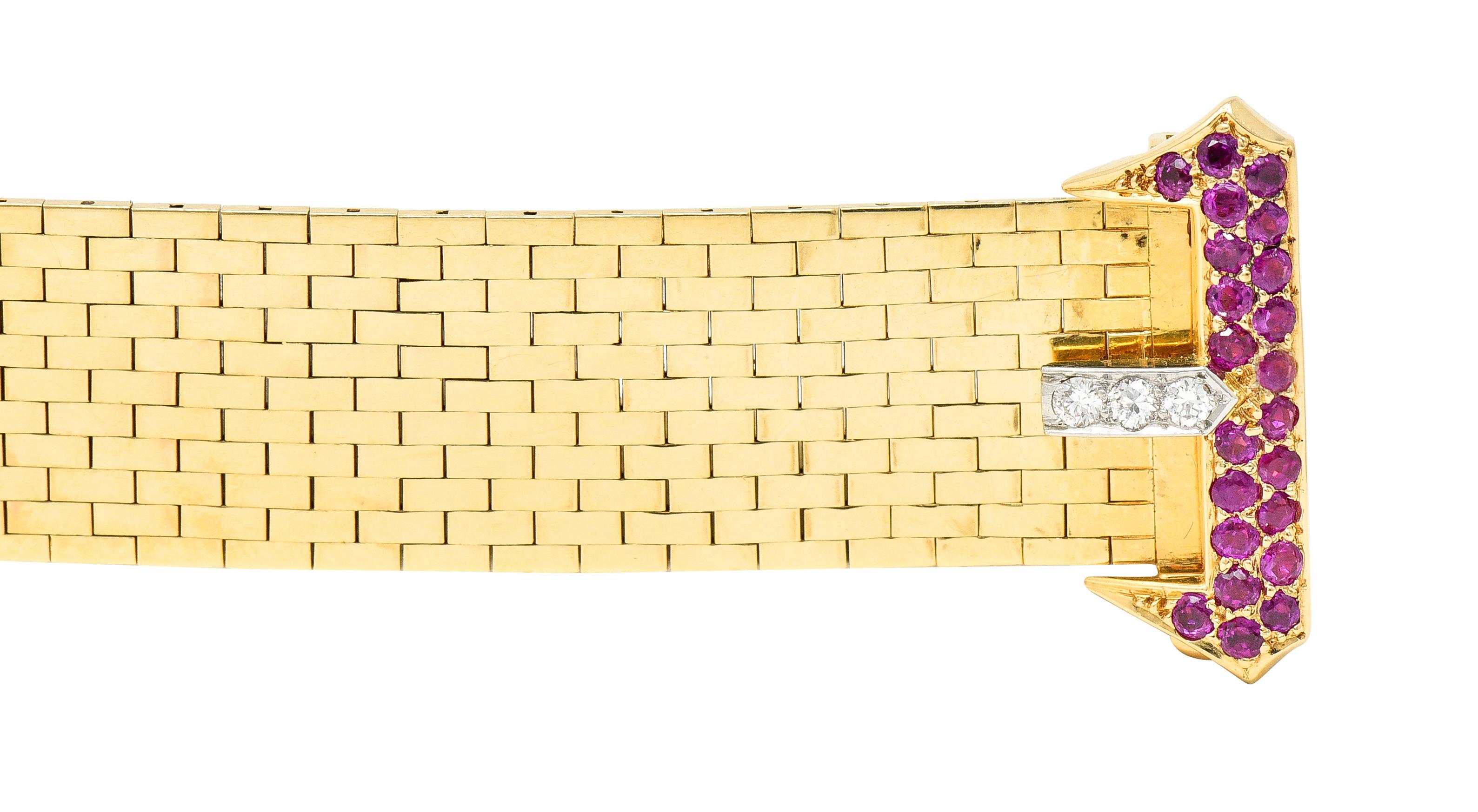 Cartier Retro Ruby Diamond Platinum 14 Karat Yellow Gold Mesh Belt Bracelet 1
