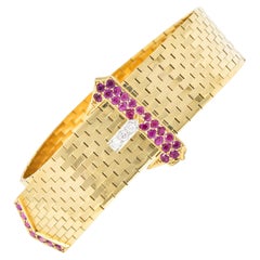 Cartier Retro Ruby Diamond Platinum 14 Karat Yellow Gold Mesh Belt Bracelet