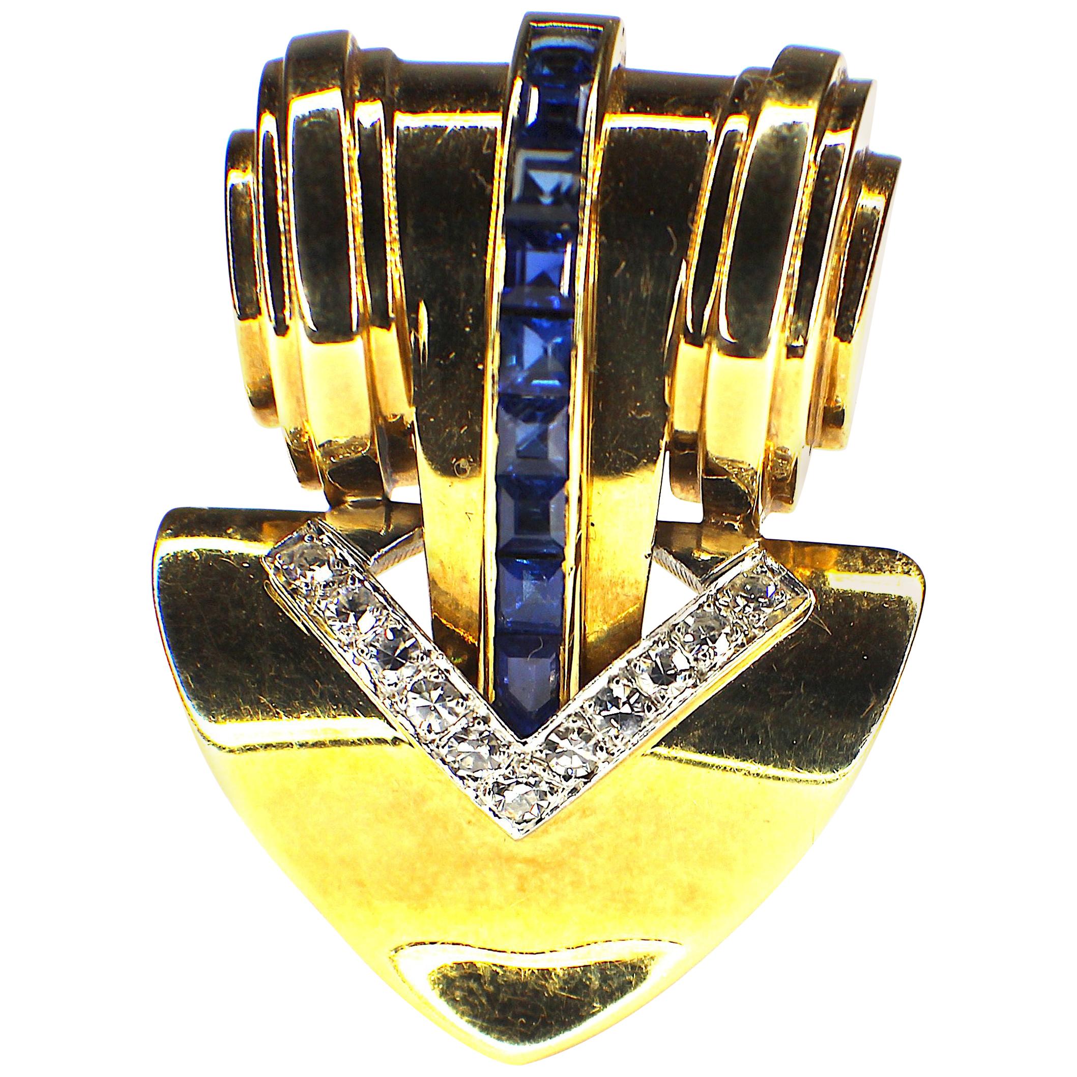 Cartier Retro Sapphire and Diamond Clip-Brooch