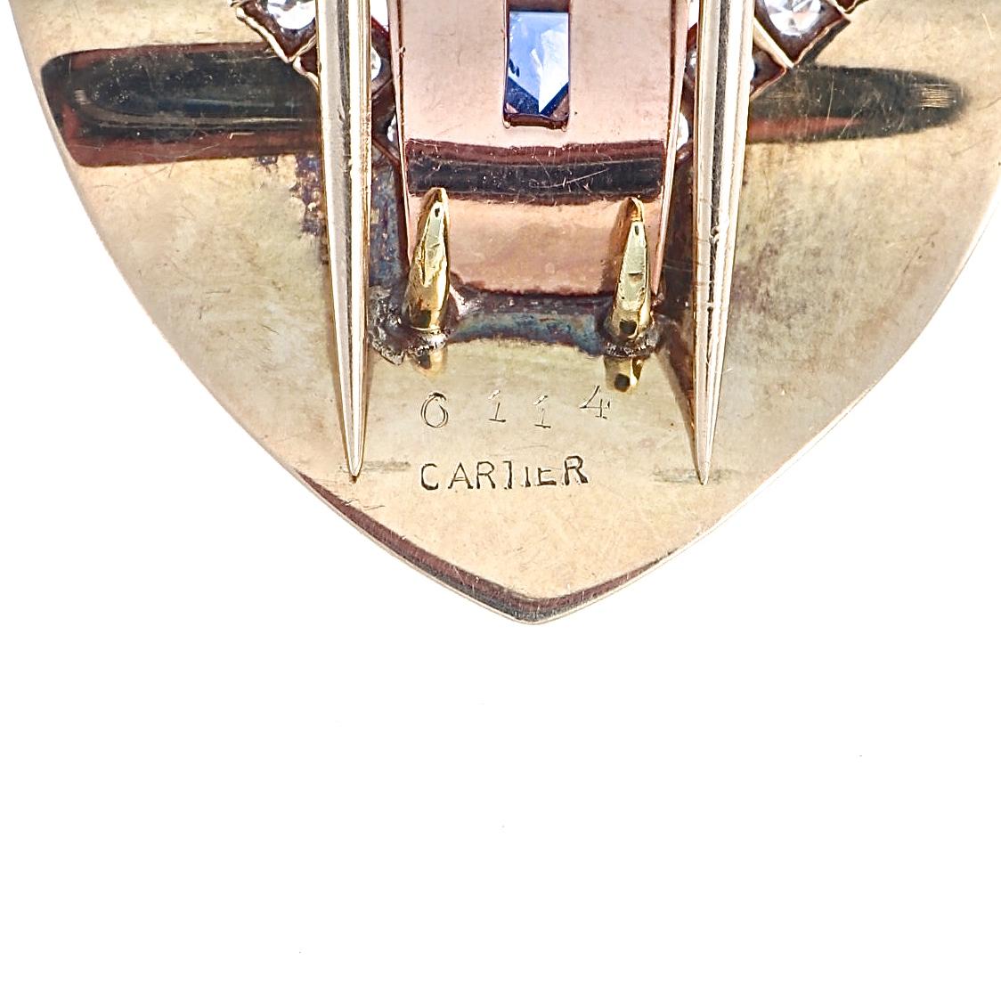Cartier Retro Sapphire Diamond Gold Brooch In Excellent Condition In Beverly Hills, CA