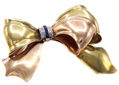 Cartier Retro Sapphire Diamond Two Color Gold Bow Brooch
