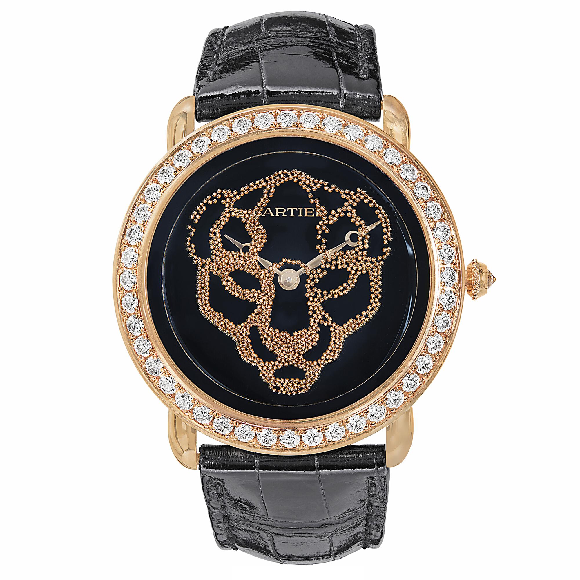 The Cartier Diamond and Gold 'Révélation d'Une Panthère' wristwatch is a masterpiece of luxury and craftsmanship, designed to capture the imagination and enchant the senses. Encased in 18k rose gold, this watch boasts a 37mm diameter that perfectly