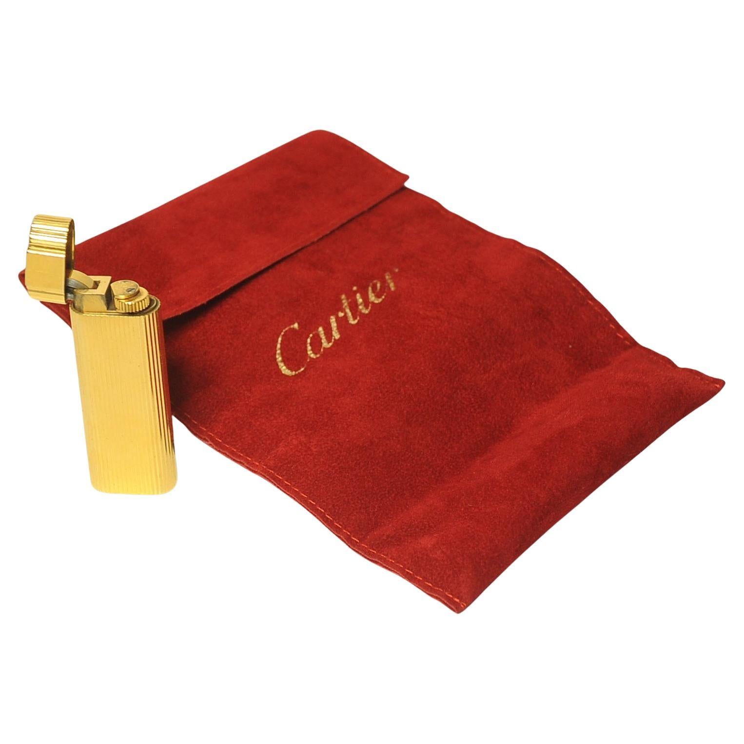 French Cartier Ribbed 18ct Gold Plate Cigarette Lighter In Original Cartier Pouch