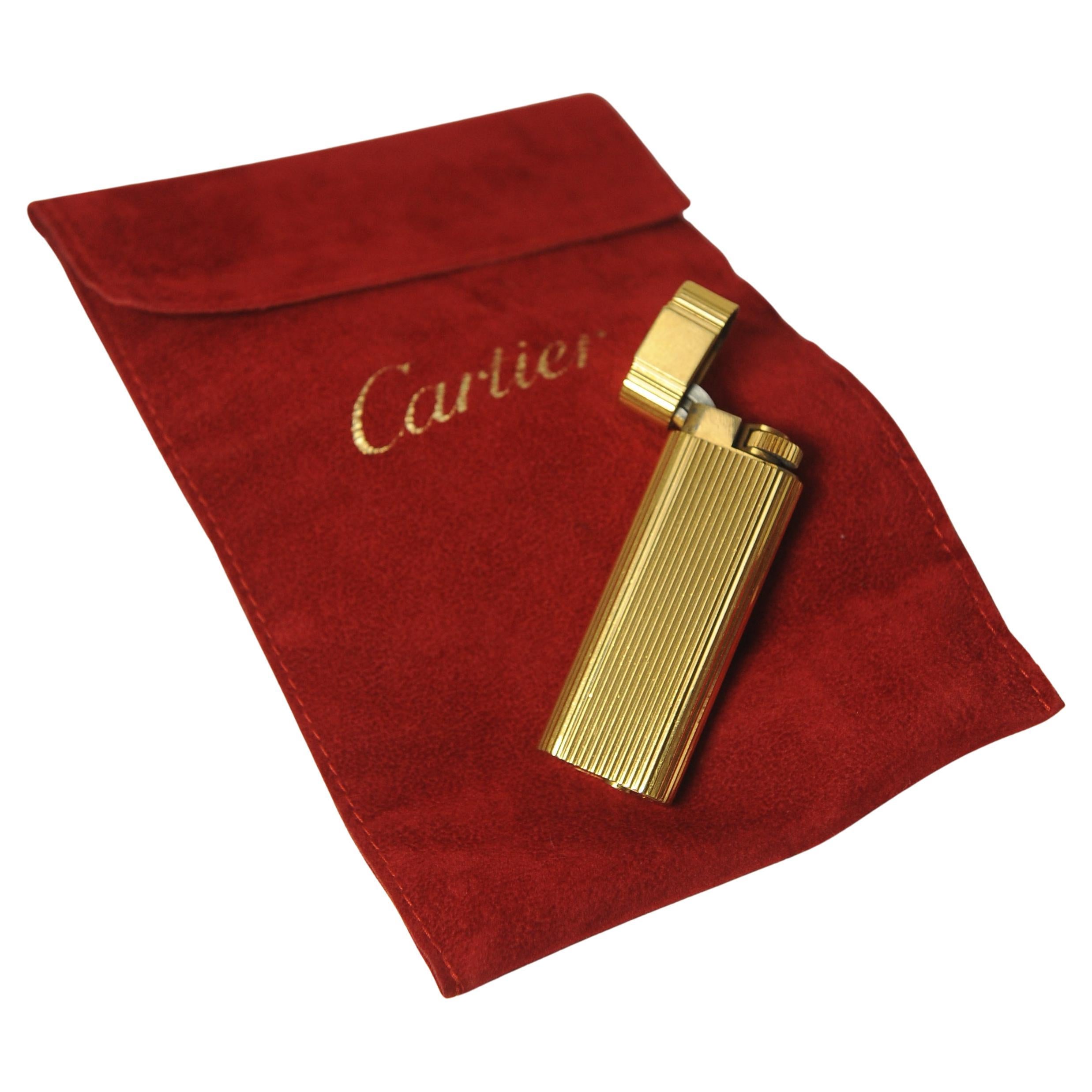 20th Century Cartier Ribbed 18ct Gold Plate Cigarette Lighter In Original Cartier Pouch
