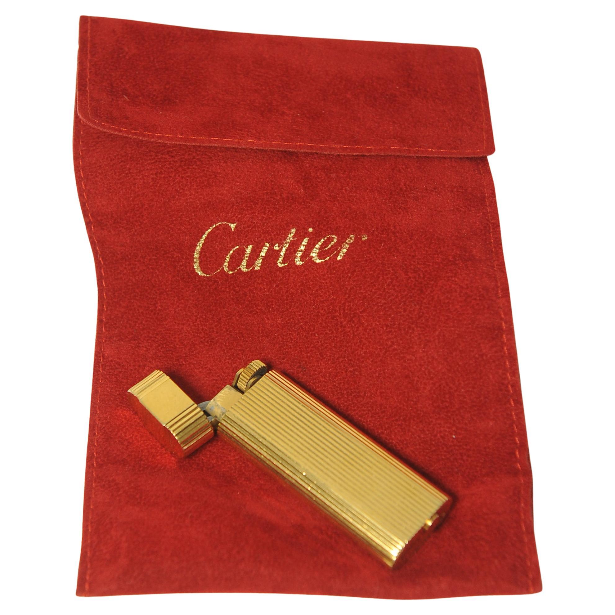 Metal Cartier Ribbed 18ct Gold Plate Cigarette Lighter In Original Cartier Pouch