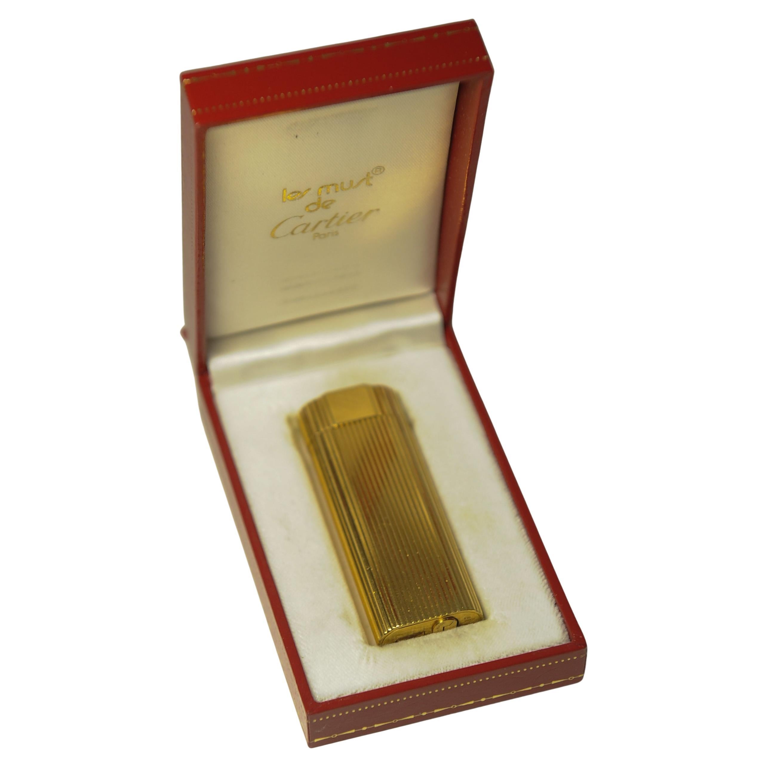 Cartier Ribbed 18ct Gold Plate Cigarette Lighter In Original Cartier Pouch