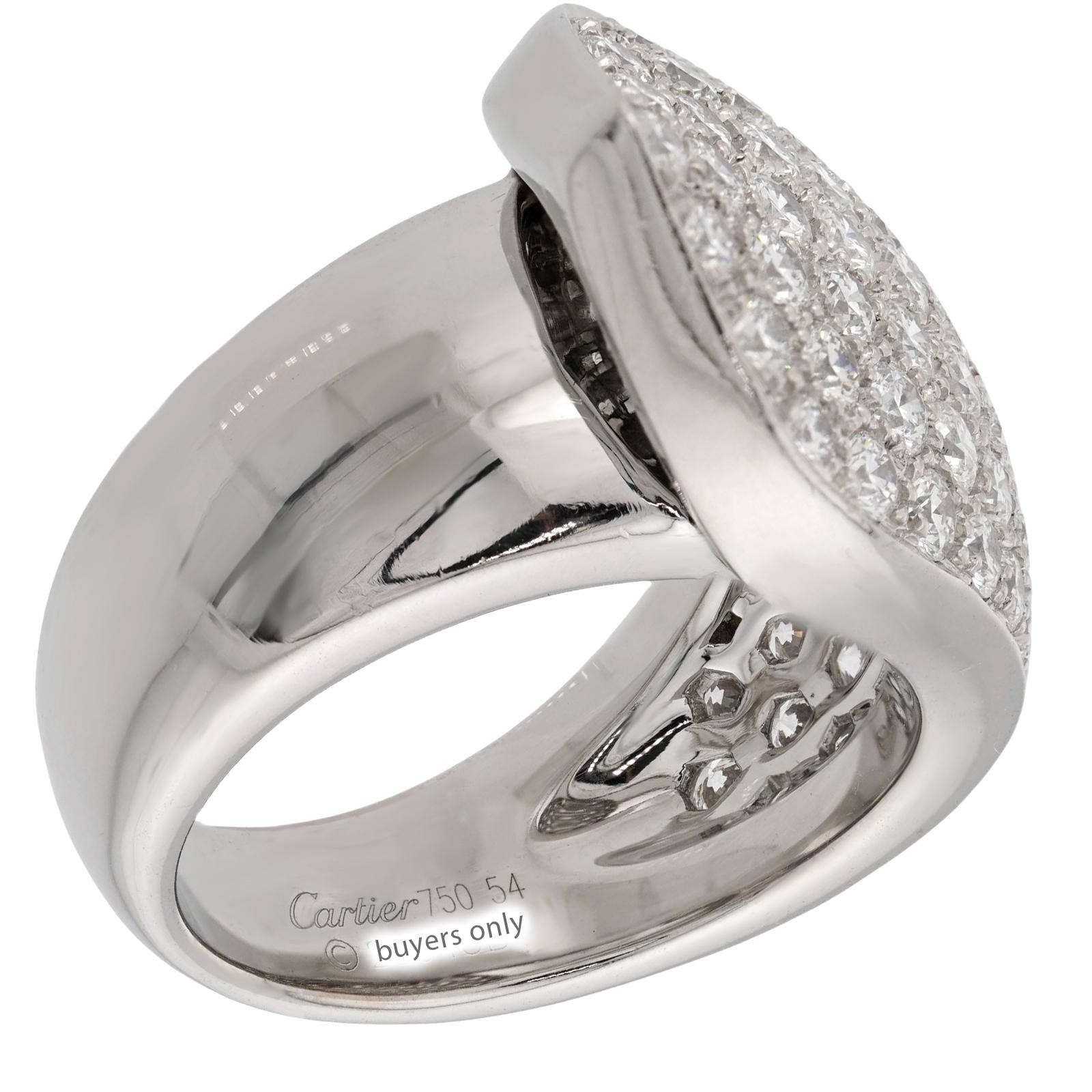 Women's CARTIER Ribbon Pave Diamond White Gold Ring. Sz.54 For Sale