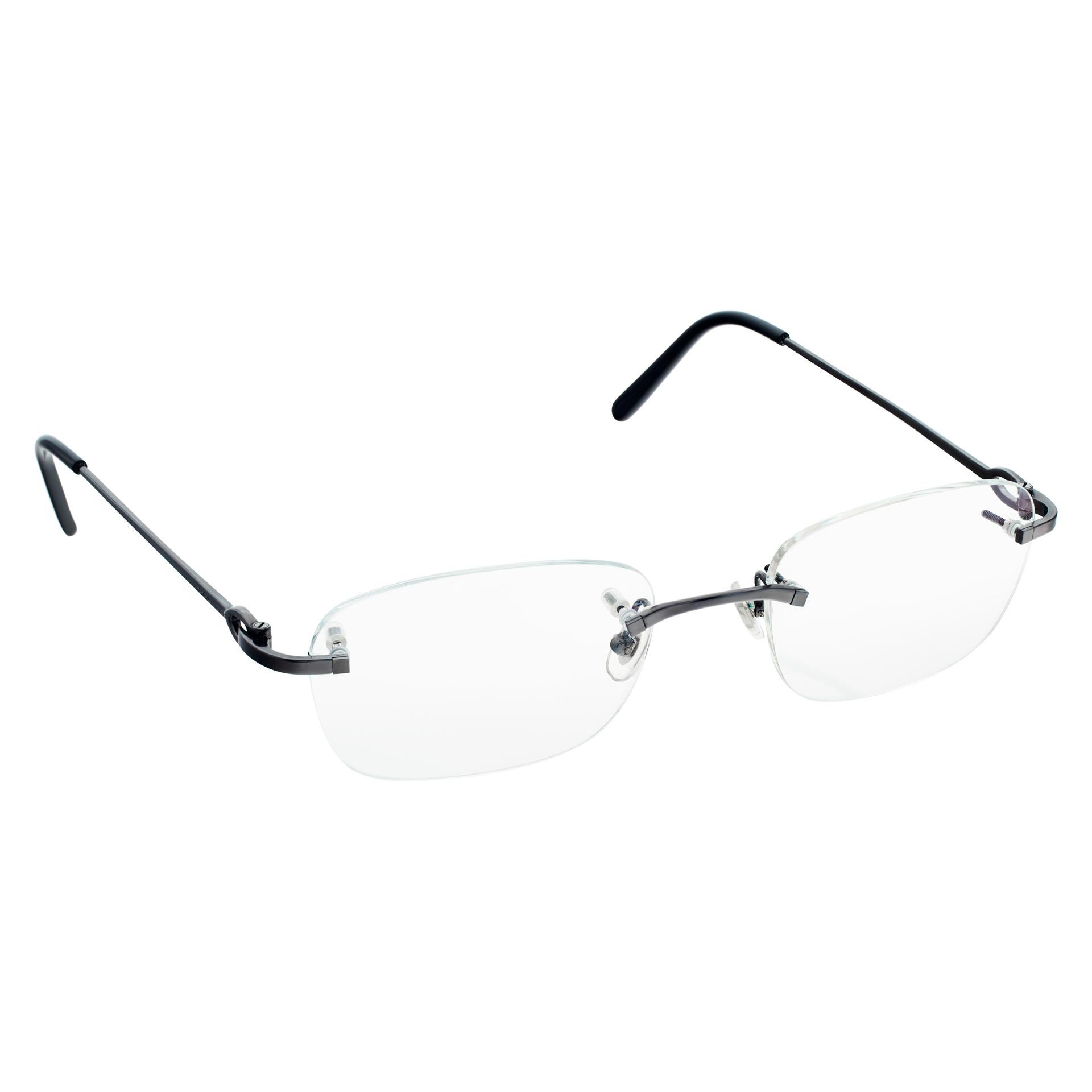 Cartier rimless eyeglasses in black titanium. Lens width 54mm, Bridge 20mm, Temple length 140mm. With stainless steel glasses box.
