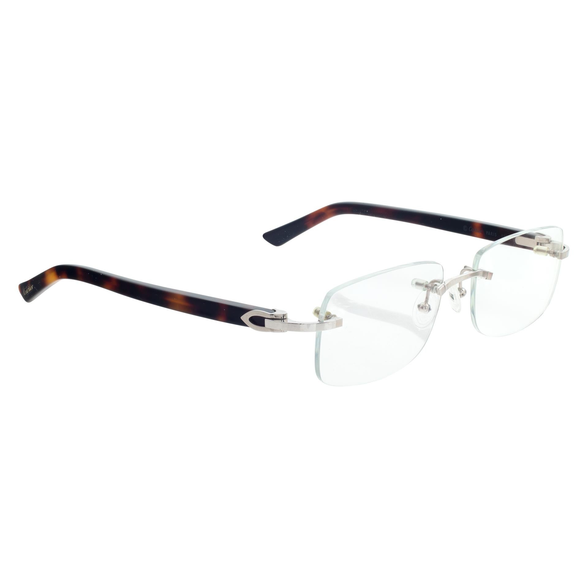 Cartier Rimless Eyeglasses with Tortoise Shell Temples In Excellent Condition In Surfside, FL