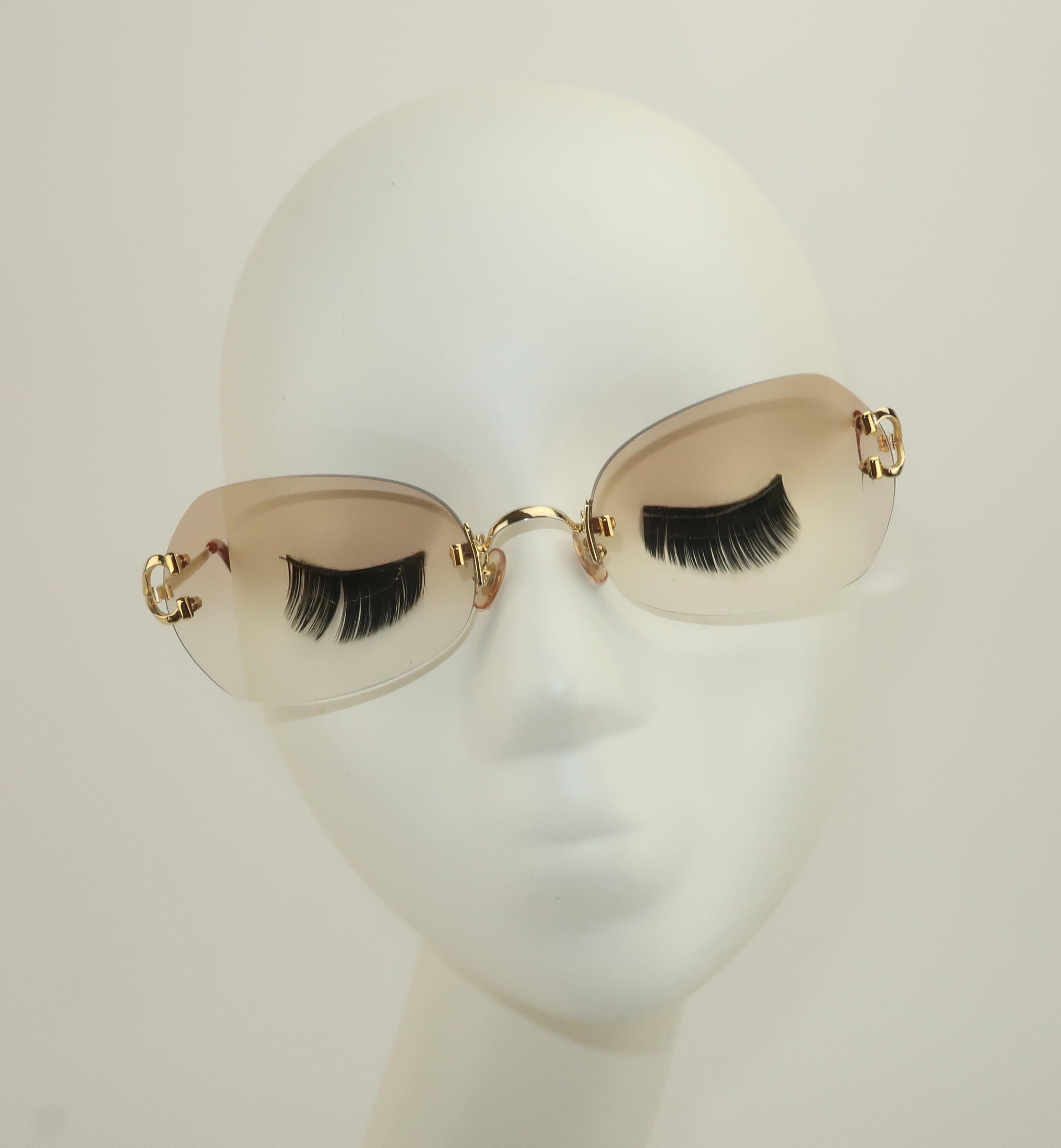 Black Cartier Rimless Gold Finish Sunglasses With Amber Lenses, 1980’s