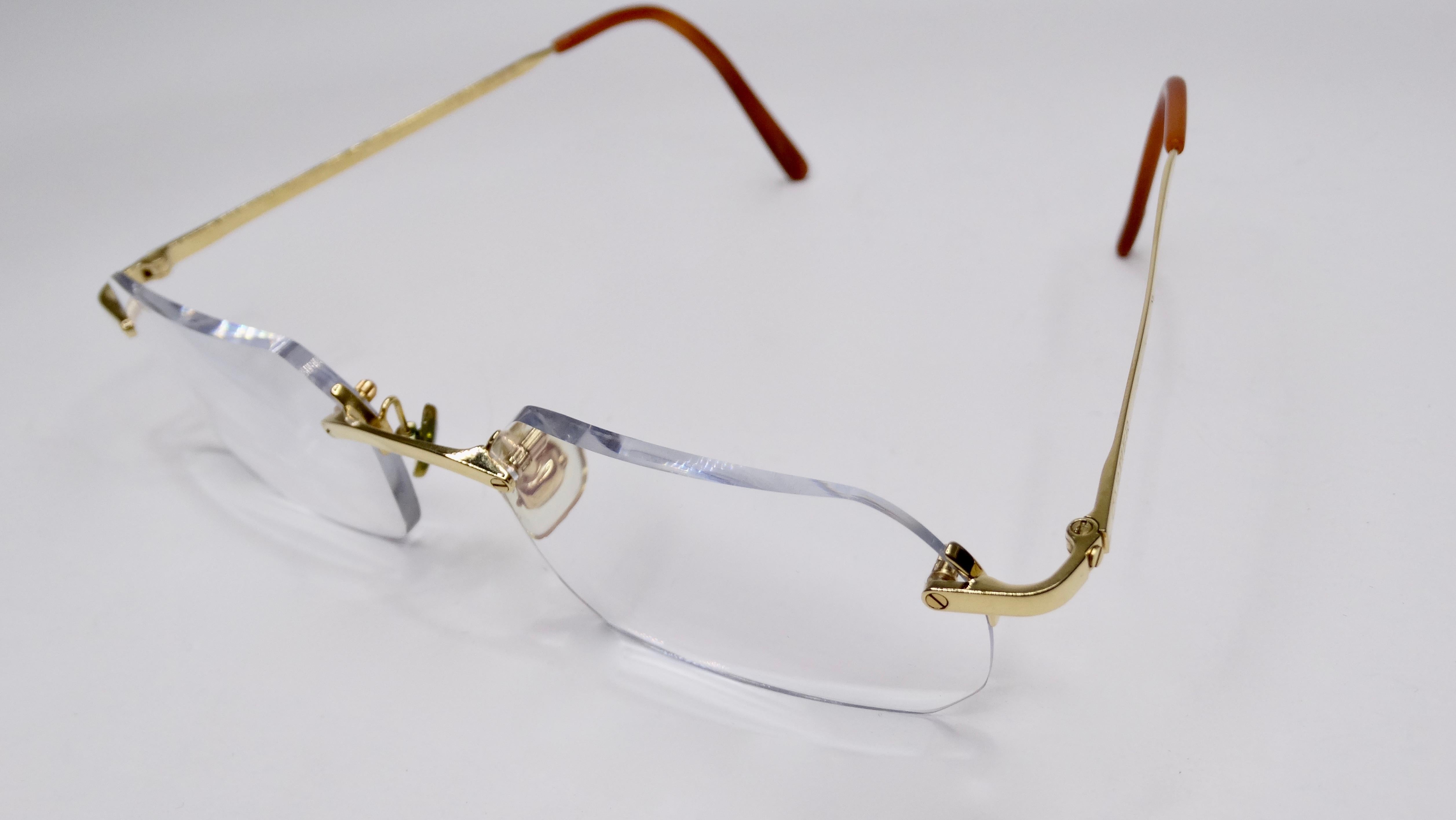 A favorite of both jewelry and fashion lovers, Cartier is always a classic! Circa 1980s, these rimless glasses feature an 18k gold plated frame with Cartier stamped on both arms. The lenses in these glasses are prescription and will have to be