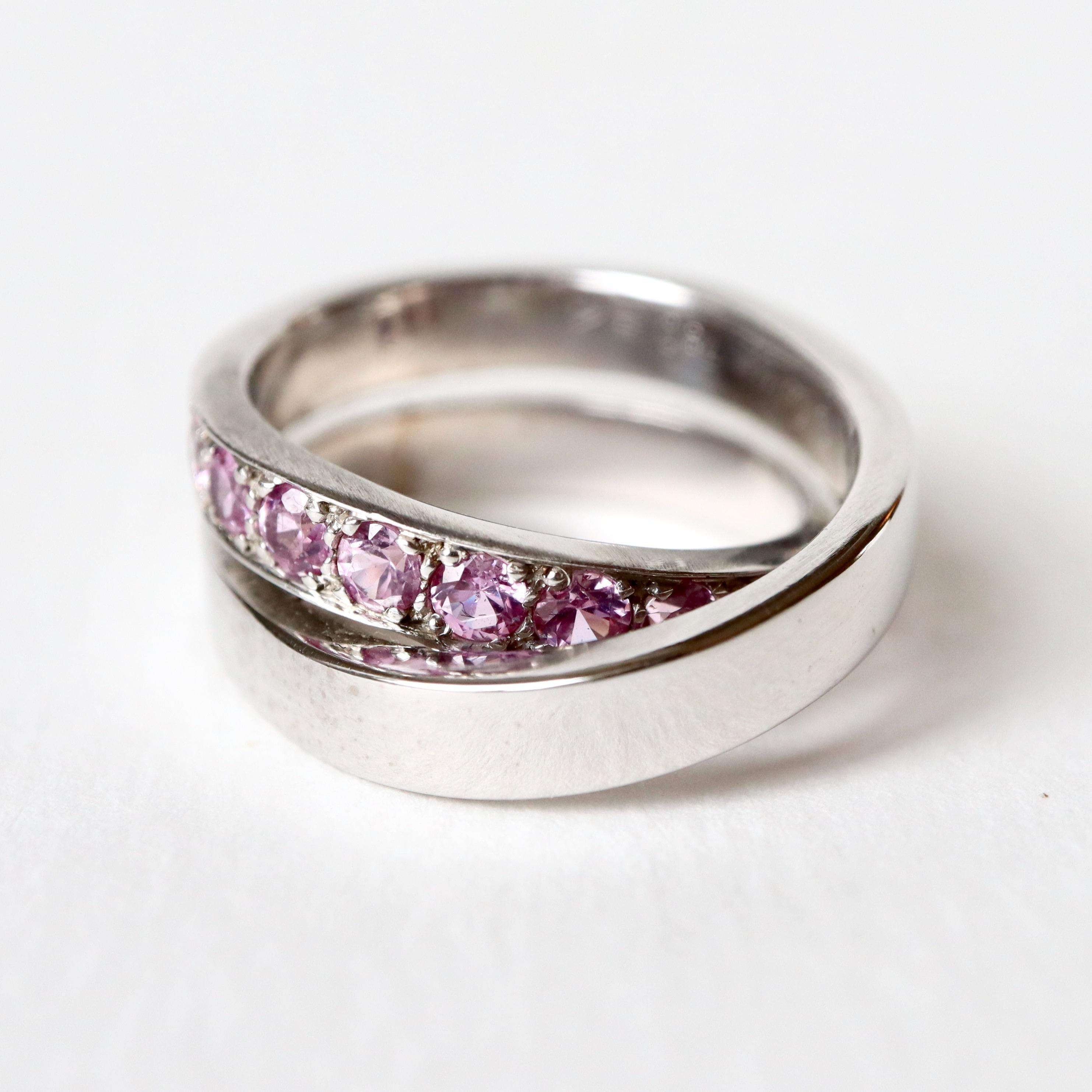 Brilliant Cut CARTIER Ring in 18-carat white gold, double ring set with pink Sapphires For Sale