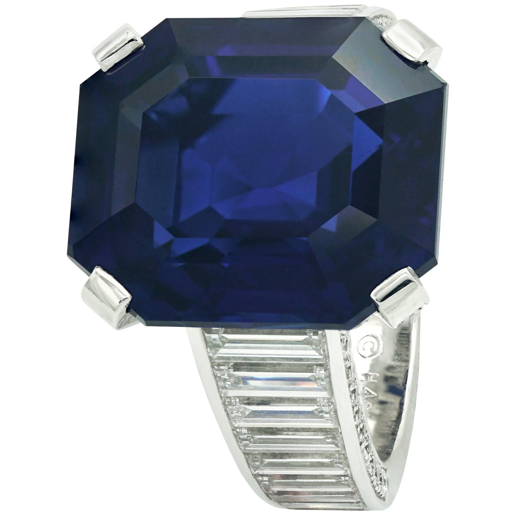 Cartier Ring Royal Blue Sapphire Emerald Cut and Diamonds Baguettes