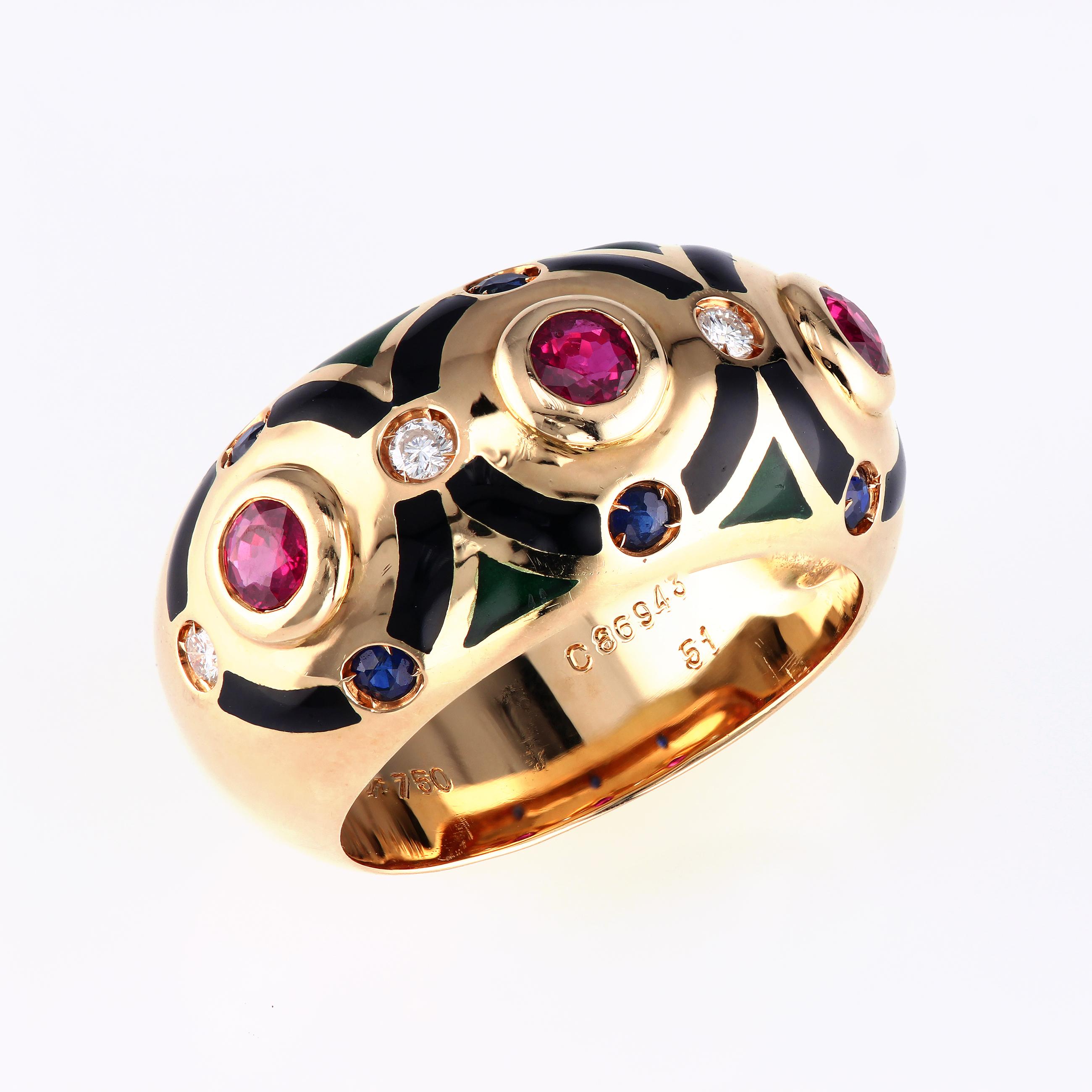 Vintage Cartier ring with rubies, diamonds and black enamel
12.7 g
22.7 x 22 x 11
4.3 x 8.6 mm
Serial number C86943
Size 5 1/2 - French 51
circa 1994
No box
Pre-owned